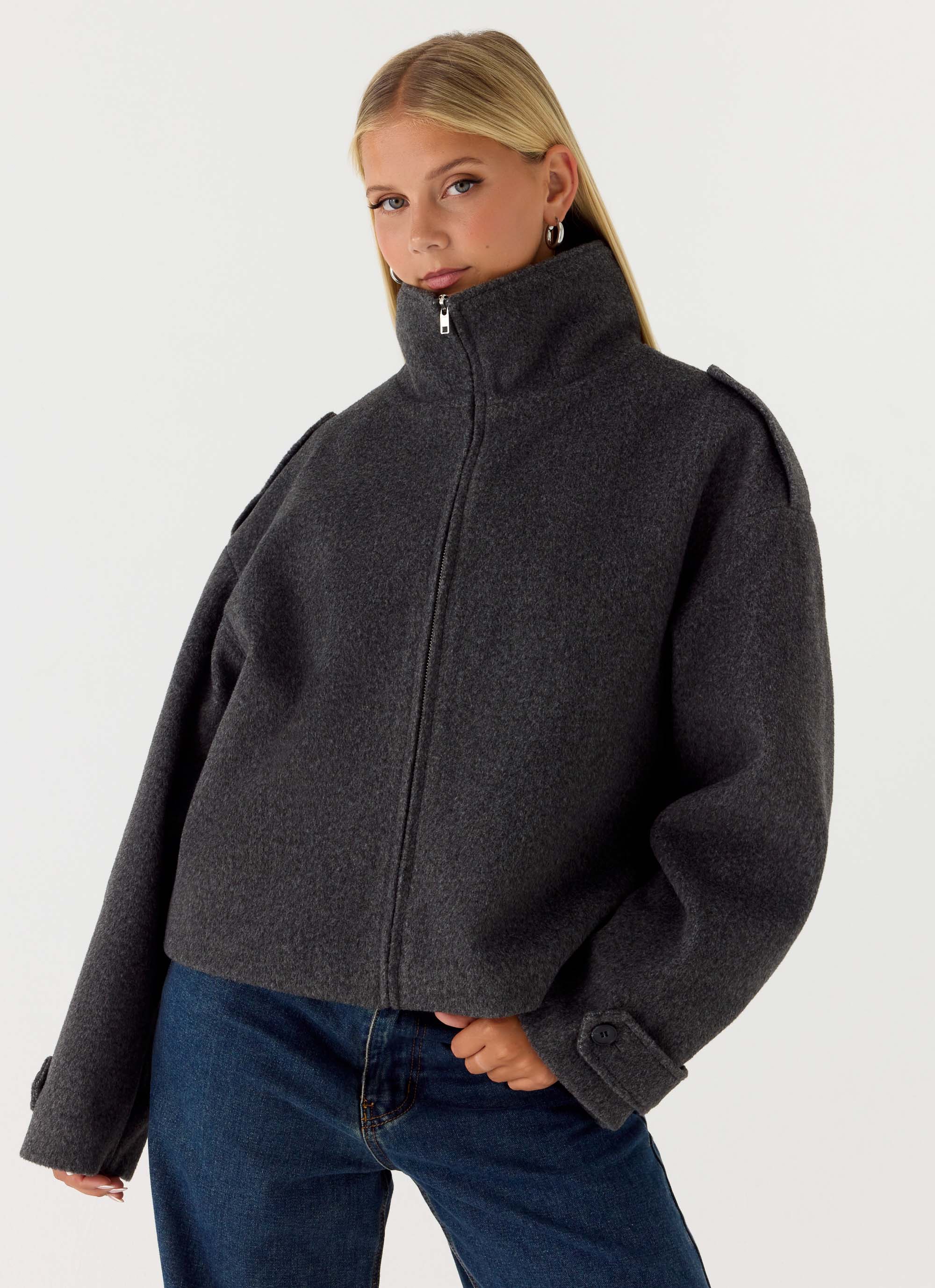 Kaiden Faux Wool Bomber Jacket Charcoal