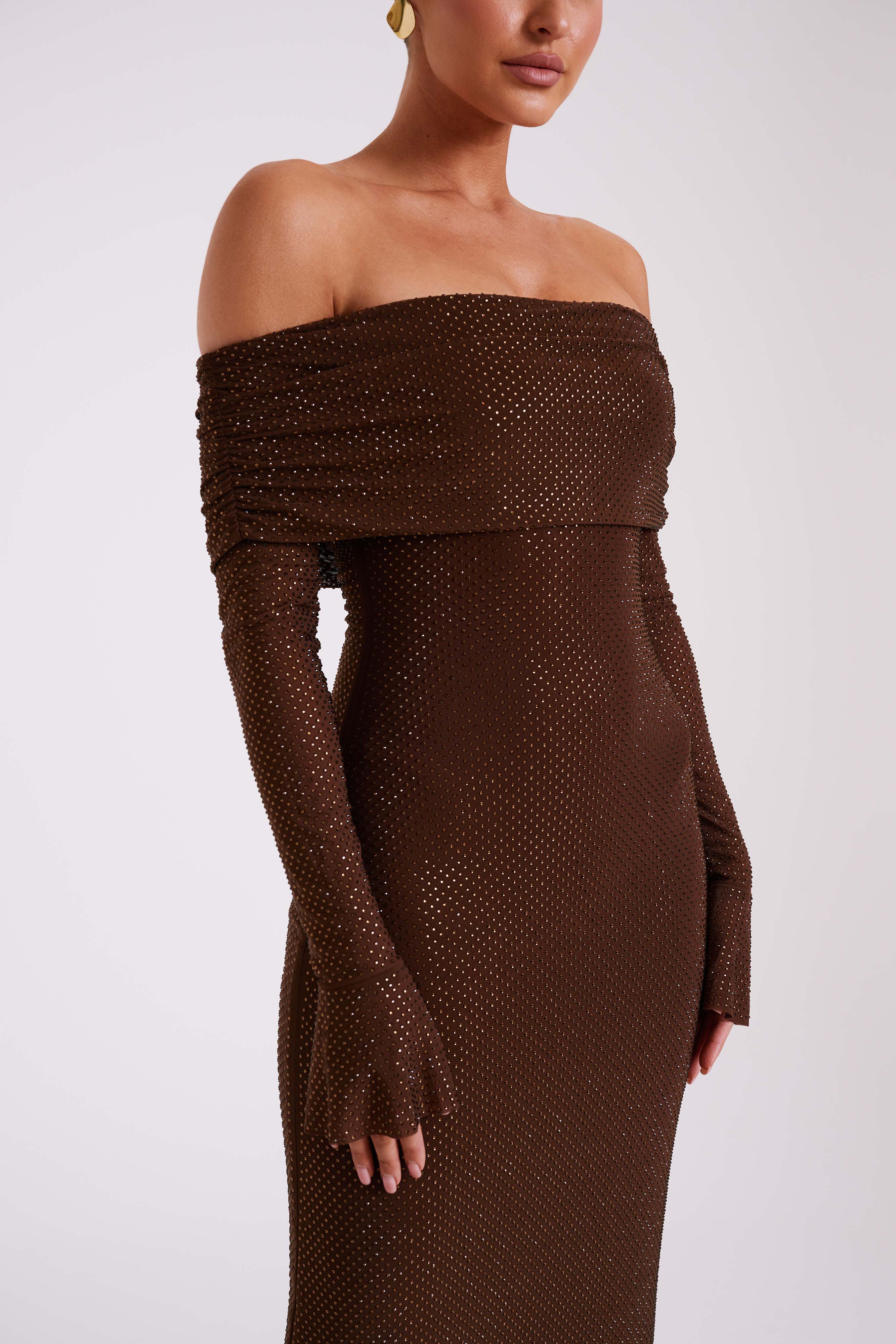 Marcel Off Shoulder Diamante Maxi Dress Chocolate