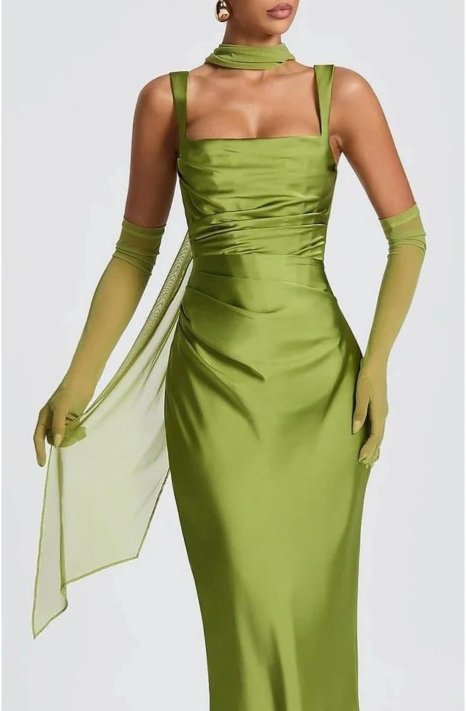 Women Wedding Guest Dress Satin Corset Top Elegant Maxi Dresses with Sheer Scarf Evening Gown
