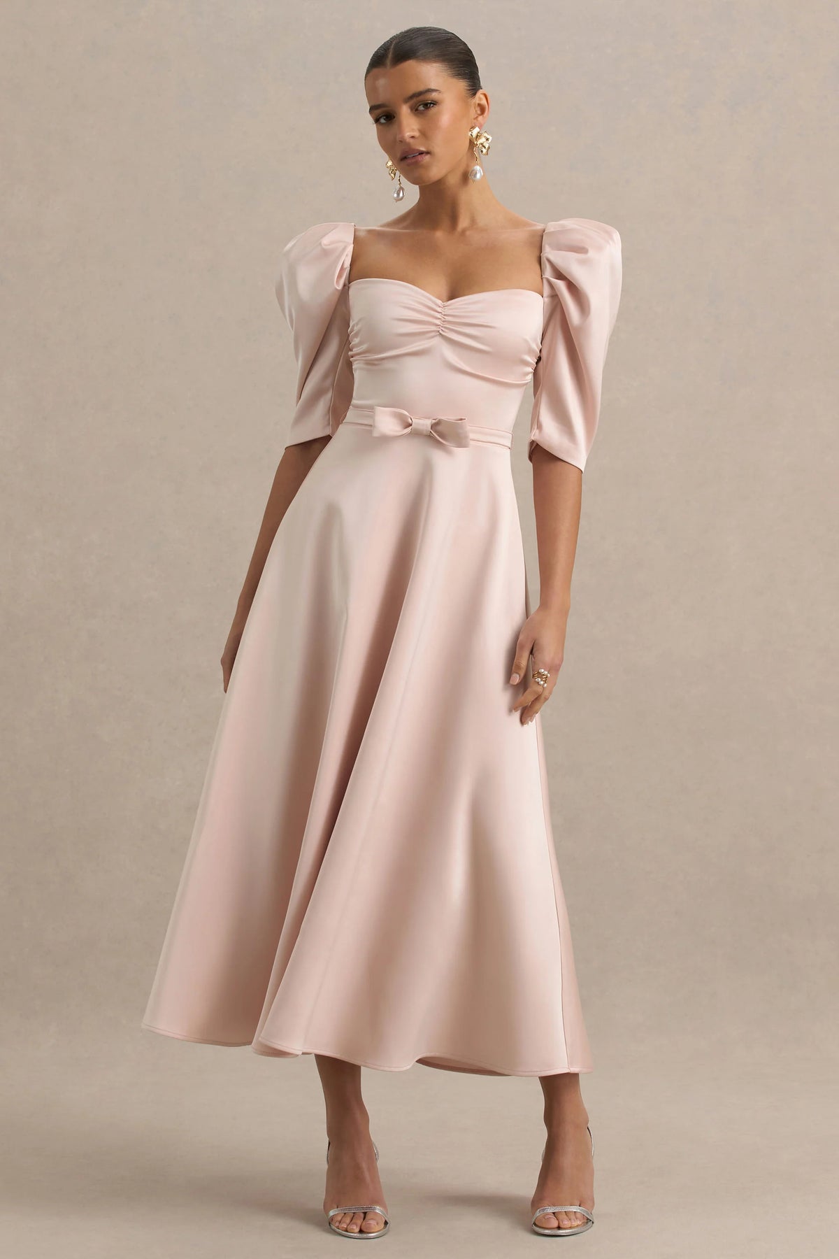 Rosey Pale Pink Satin Sweetheart Midi Dress