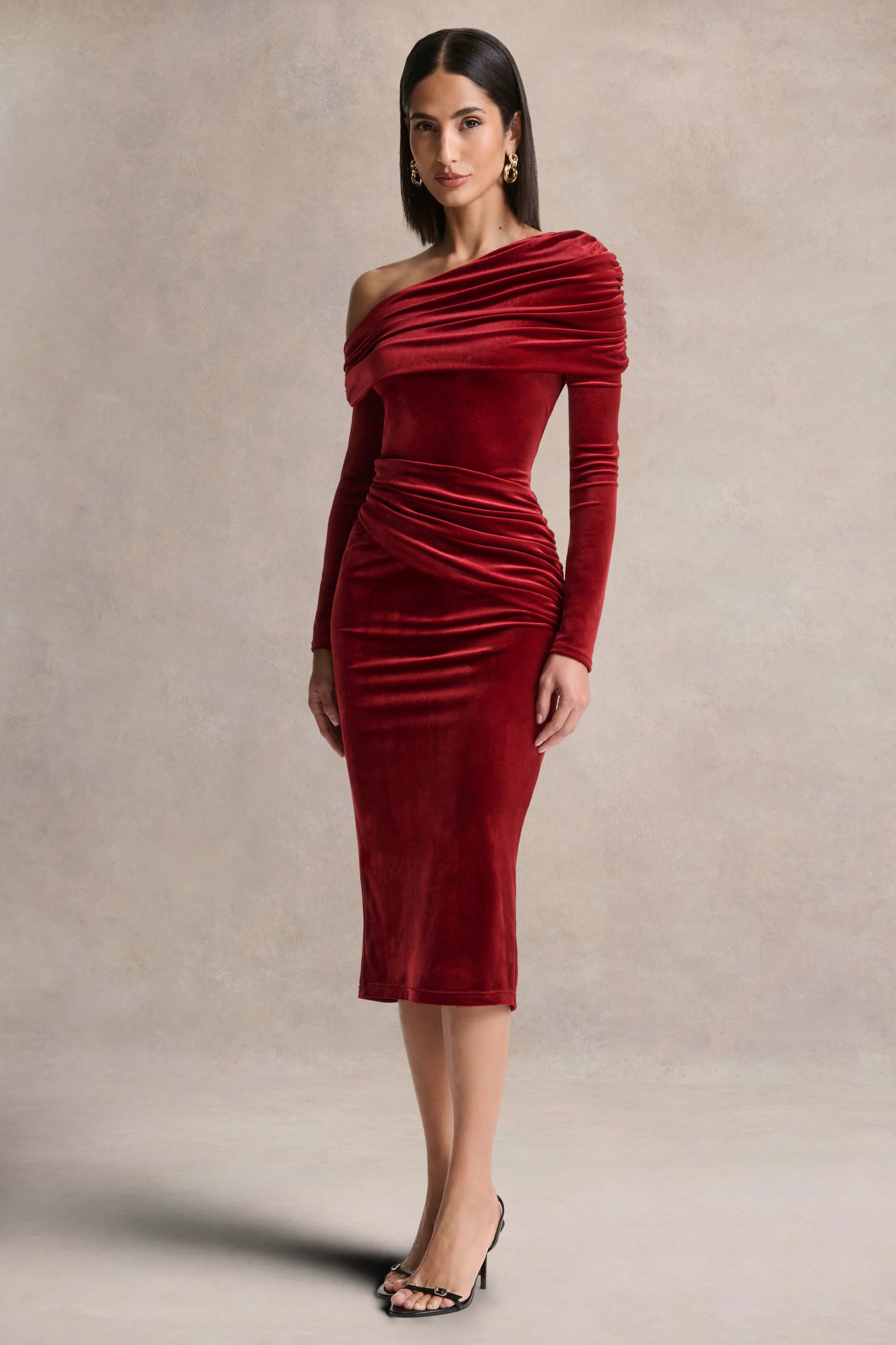 Eirene Red Velvet Asymmetric Neck Midi Dress