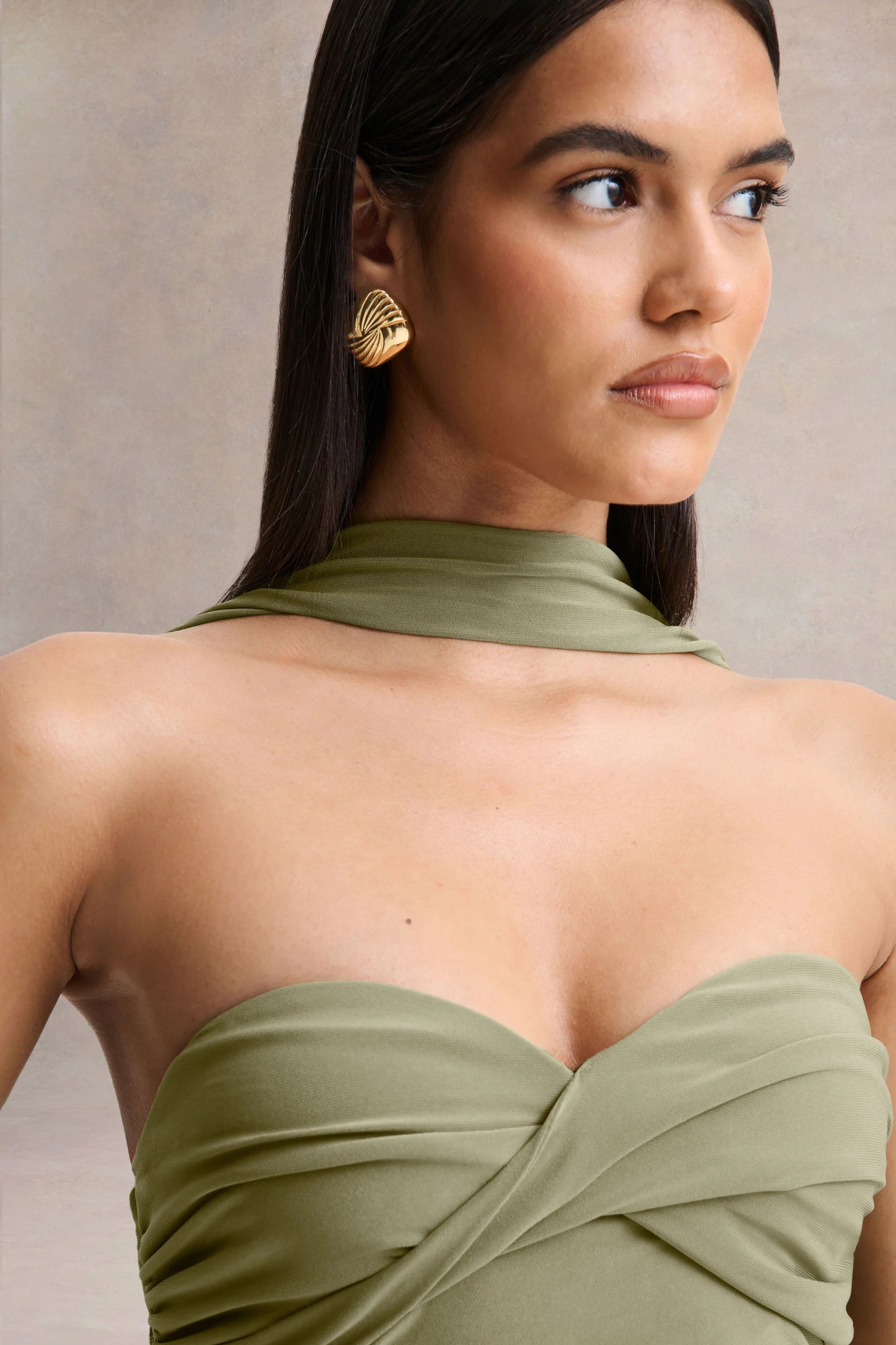 Sheila Olive Bandeau Maxi Dress With Scarf Detail