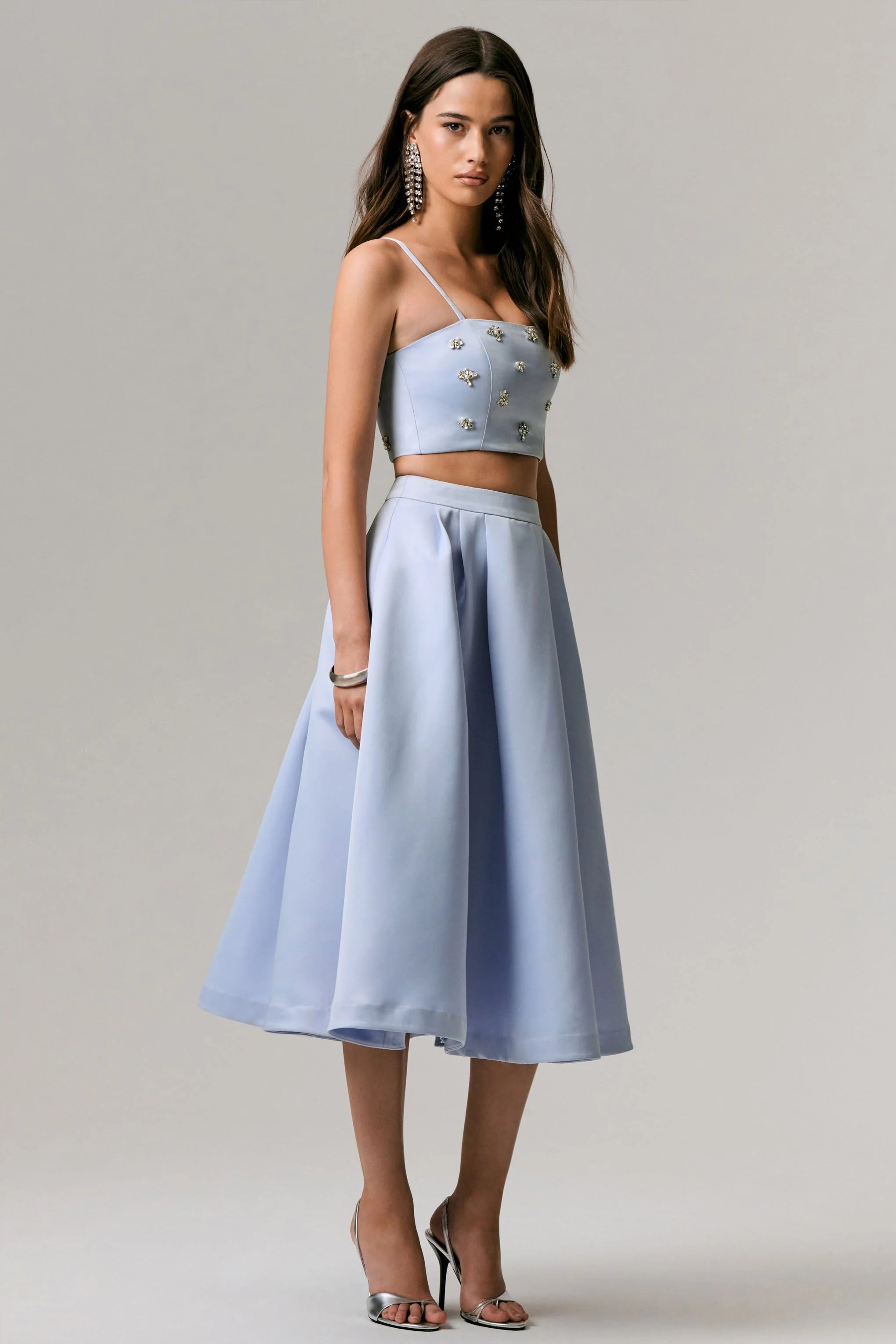 Iris Blue Satin Pleated Midi Skirt