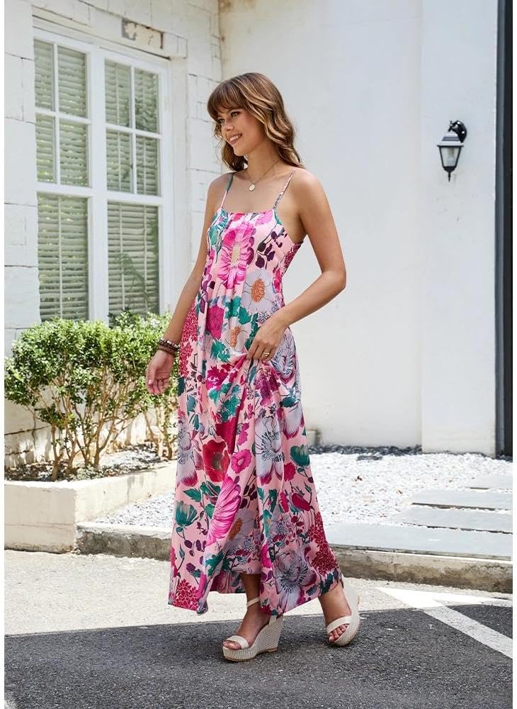 Women Boho Floral Maxi Dress Backless Spaghetti Strap A Line Flowy Summer Vacation Long Dress