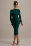 Sinclair Bottle Green Ruched One Shoulder Bodycon Midi Dress