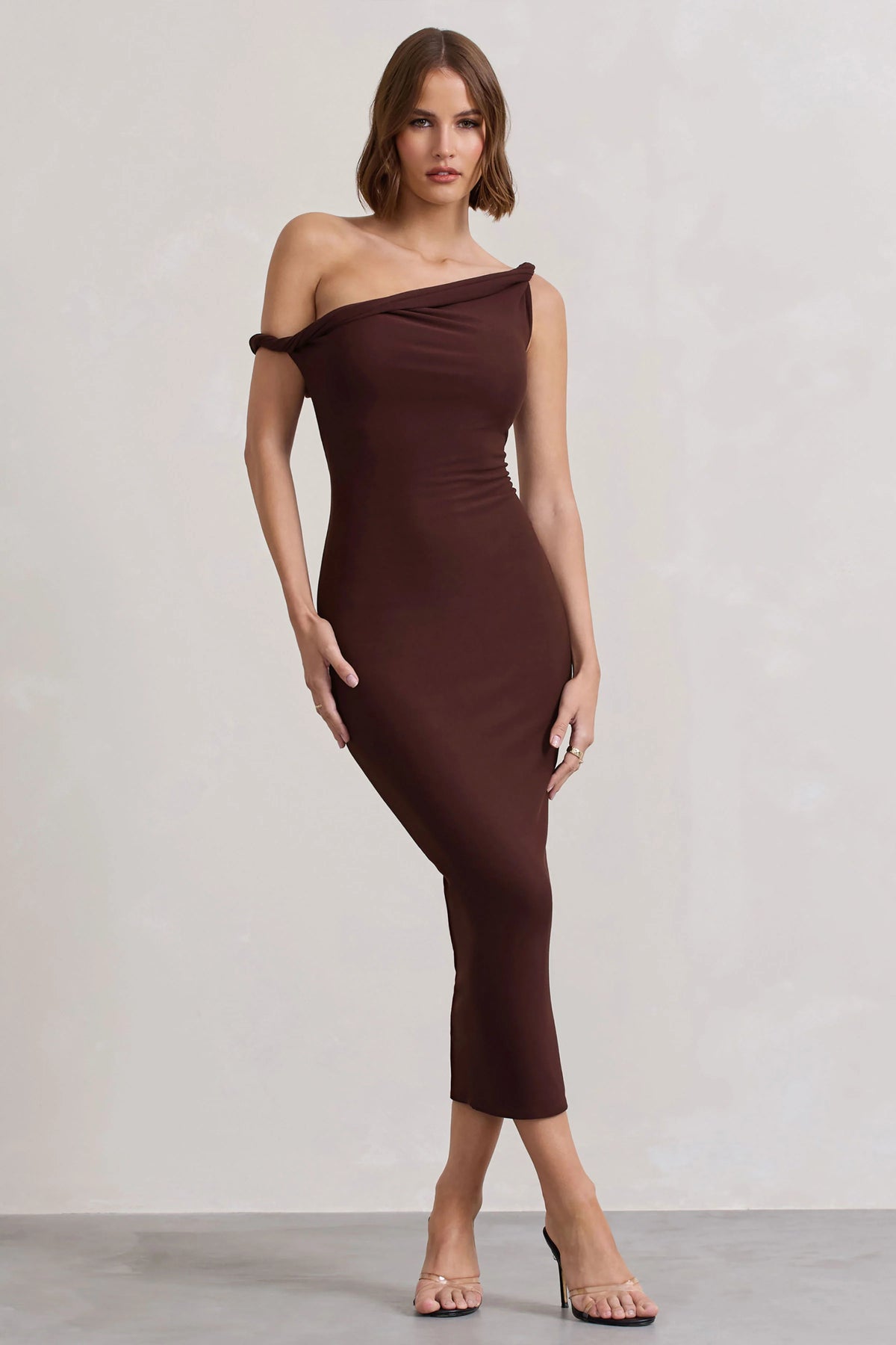 Salome Chocolate Brown Twisted Asymmetric Midi Dress