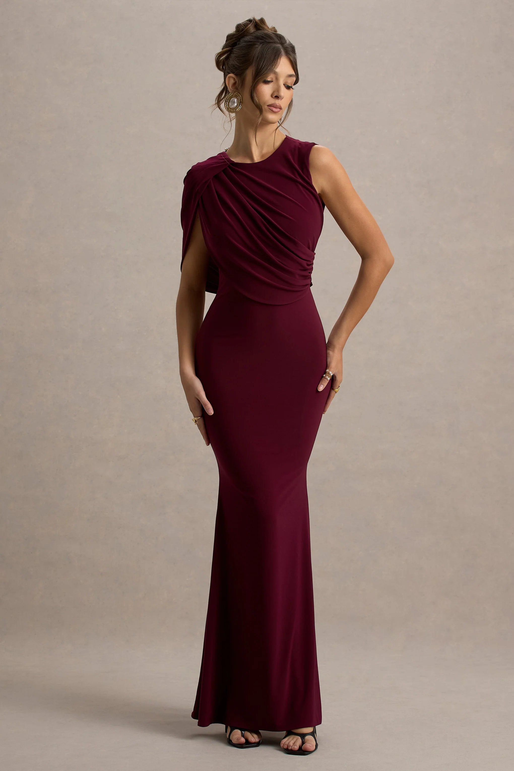 Rae Burgundy Maxi Dress With One Sleeve Cape