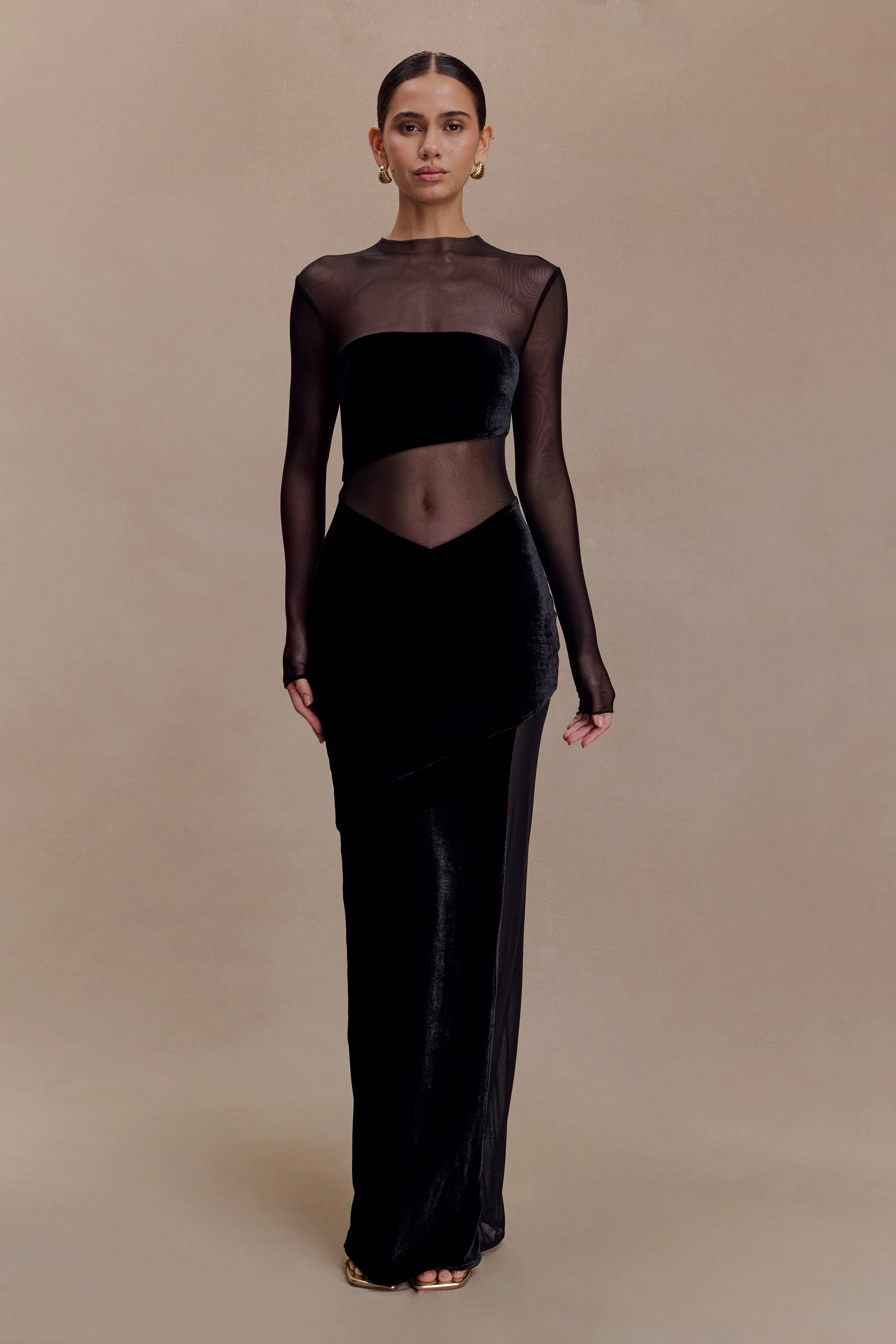 Davina Velvet And Mesh Maxi Dress Black