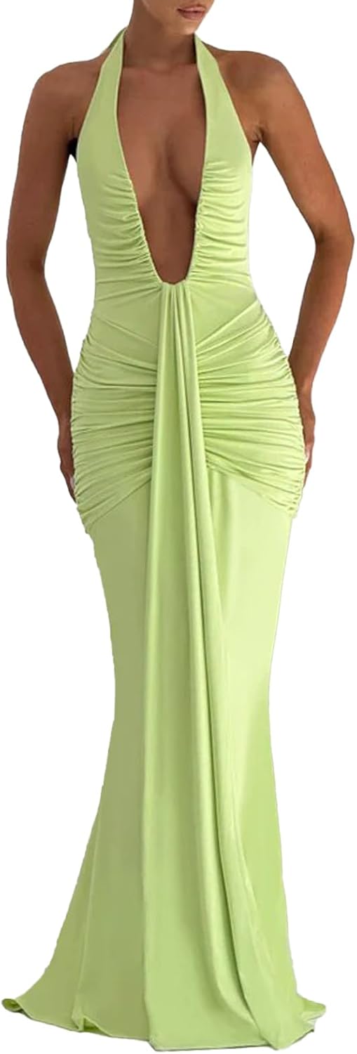 Women Deep V Neck Ruched Maxi Dress Sleeveless Halter Gown Cocktail Evening Formal Dresses