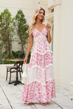 Women Floral Maxi Dress Spaghetti Straps V Neck Patchwork Flowy Boho Sundress Tiered Long Dresses