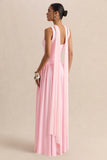 Aurina Pink Square Neck Maxi Dress With Scarf Detail