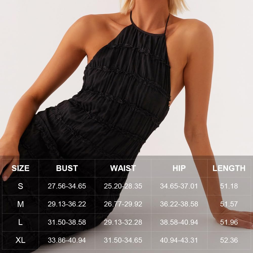 Women Backless Dress Sleeveless Textured Halter Open Back Maxi Dresses Vacation Wedding Guest