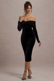 Compliment Black Velvet Bardot Midi Dress
