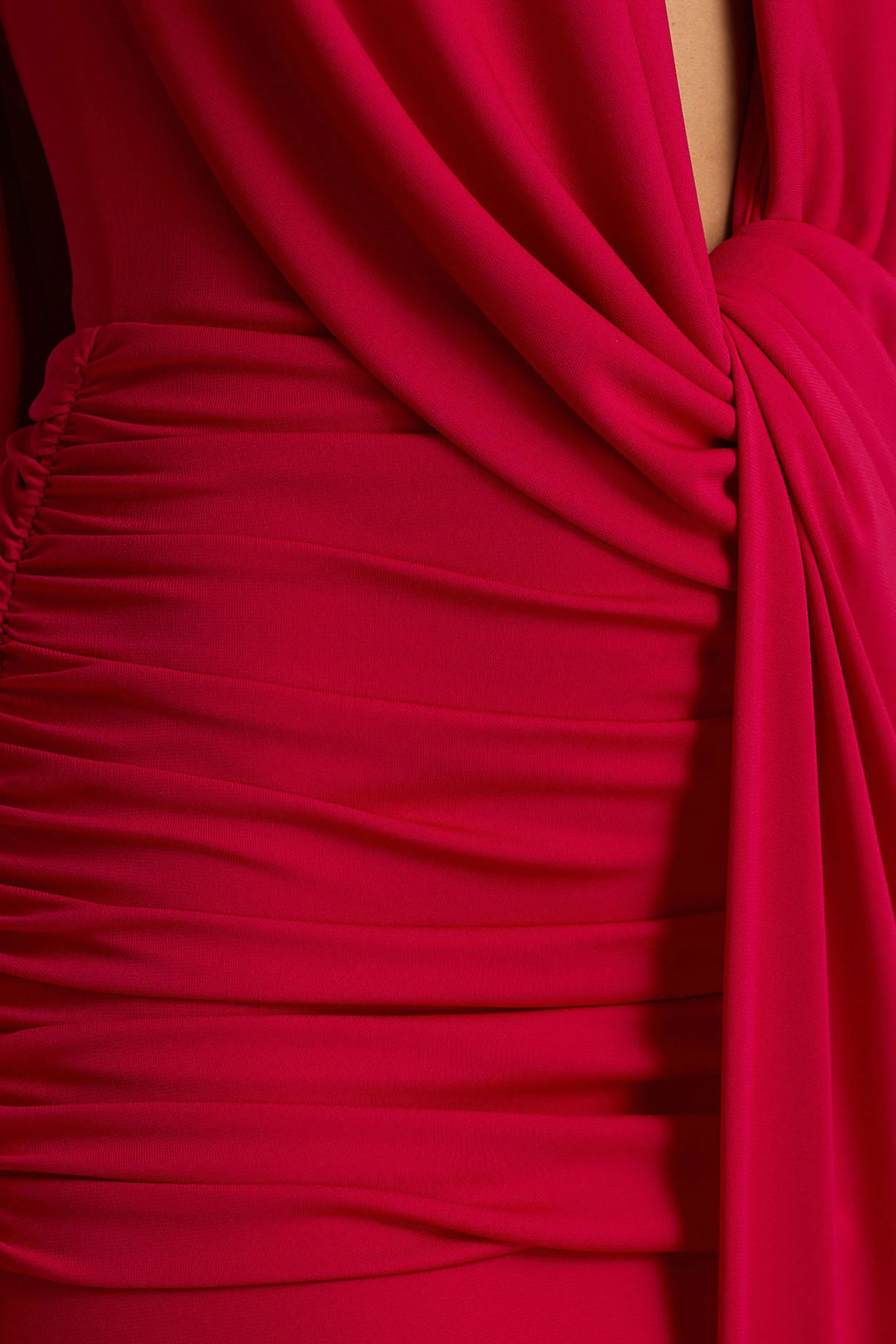 Serafina Red Extreme Plunge Maxi Dress With Ruched Detailing And Open Back