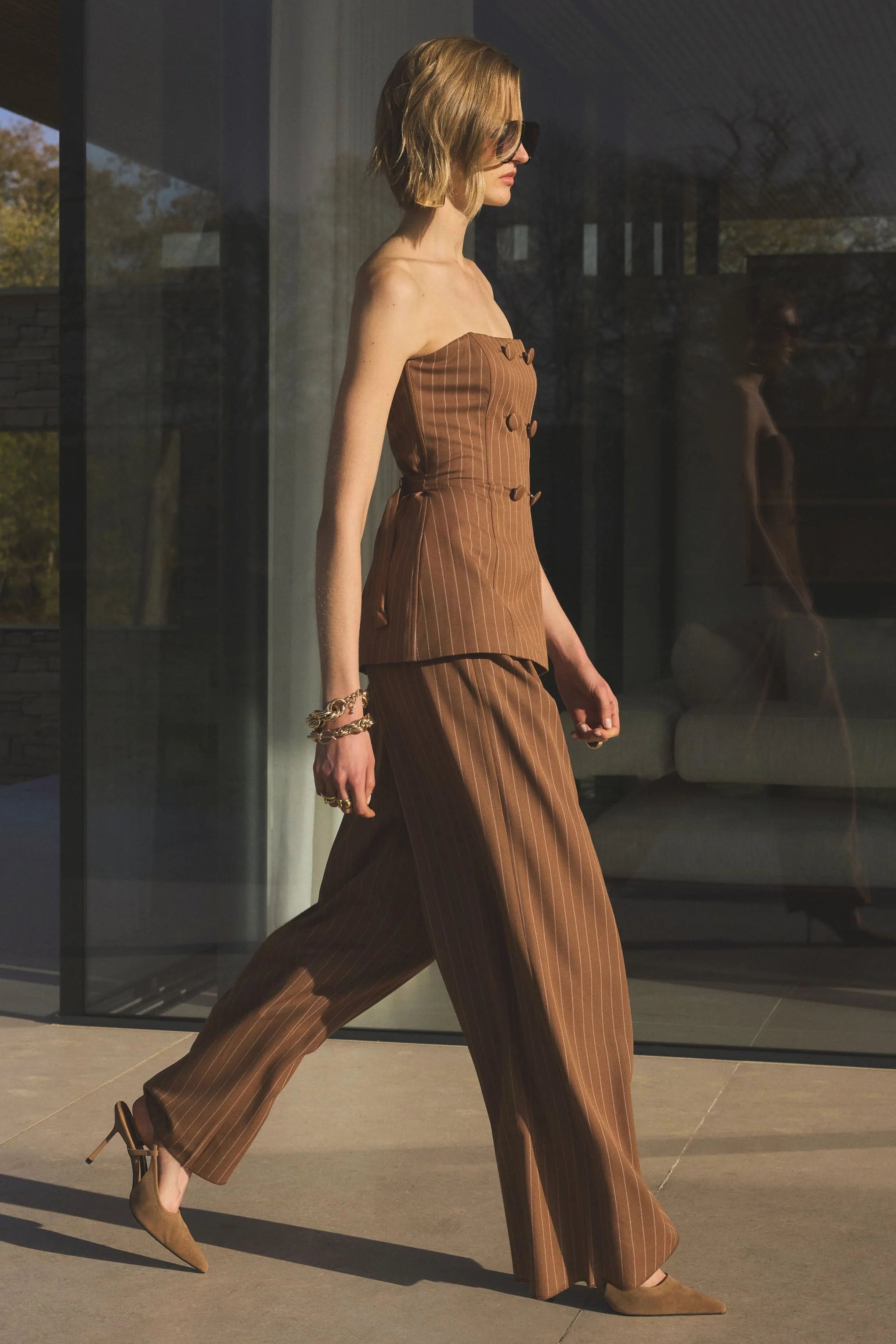Meliva Brown Pinstripe Wide Leg Tailored Trouser