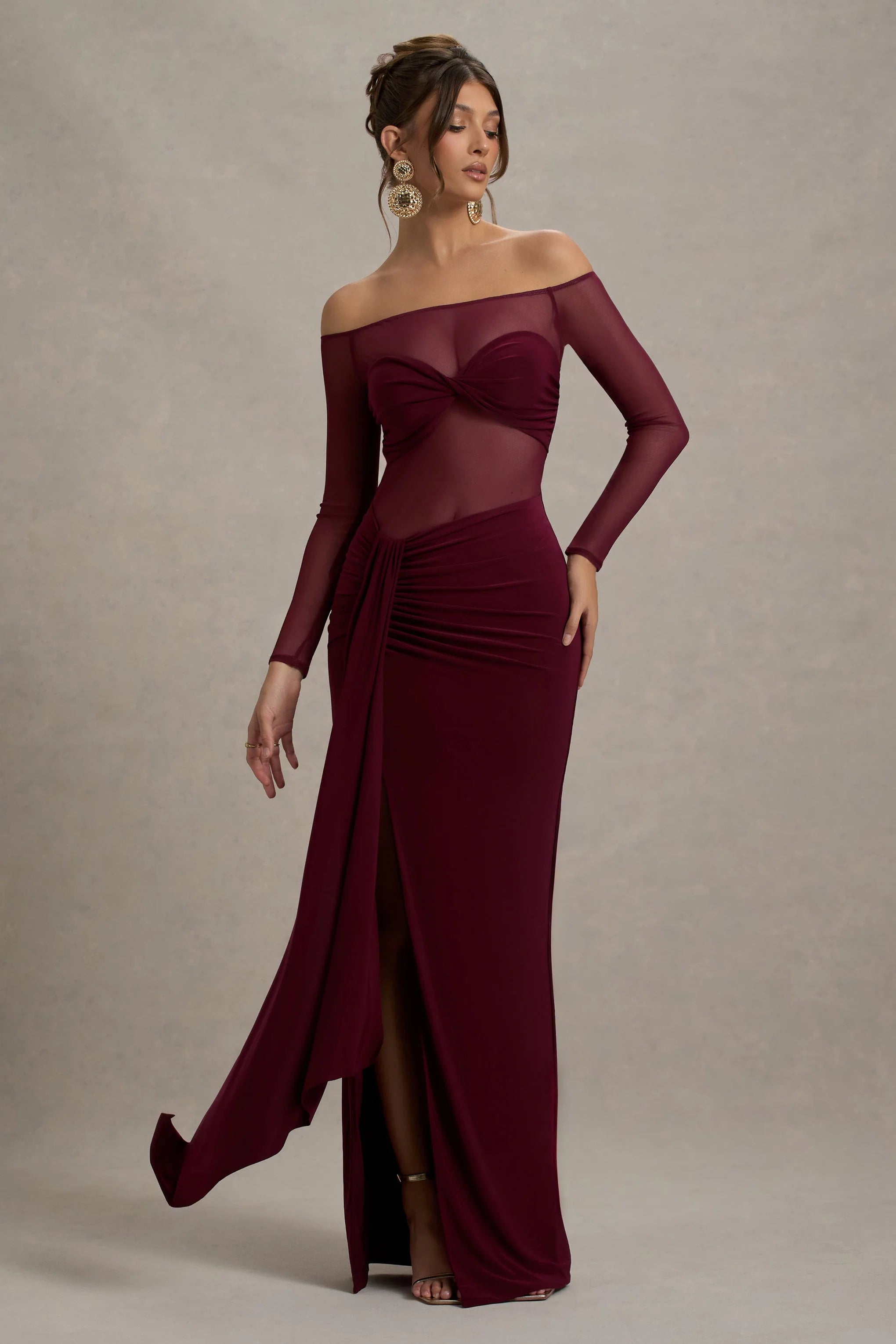 Cover Star Burgundy Mesh Bardot Long Sleeve Draped Maxi Dress
