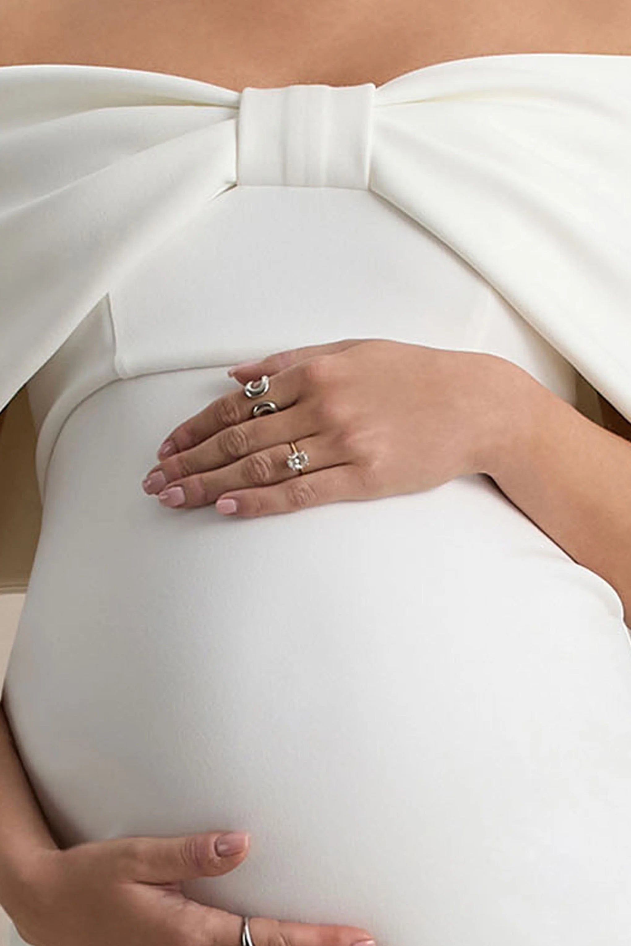 Droplet White Bow Bardot Maternity Midi Dress