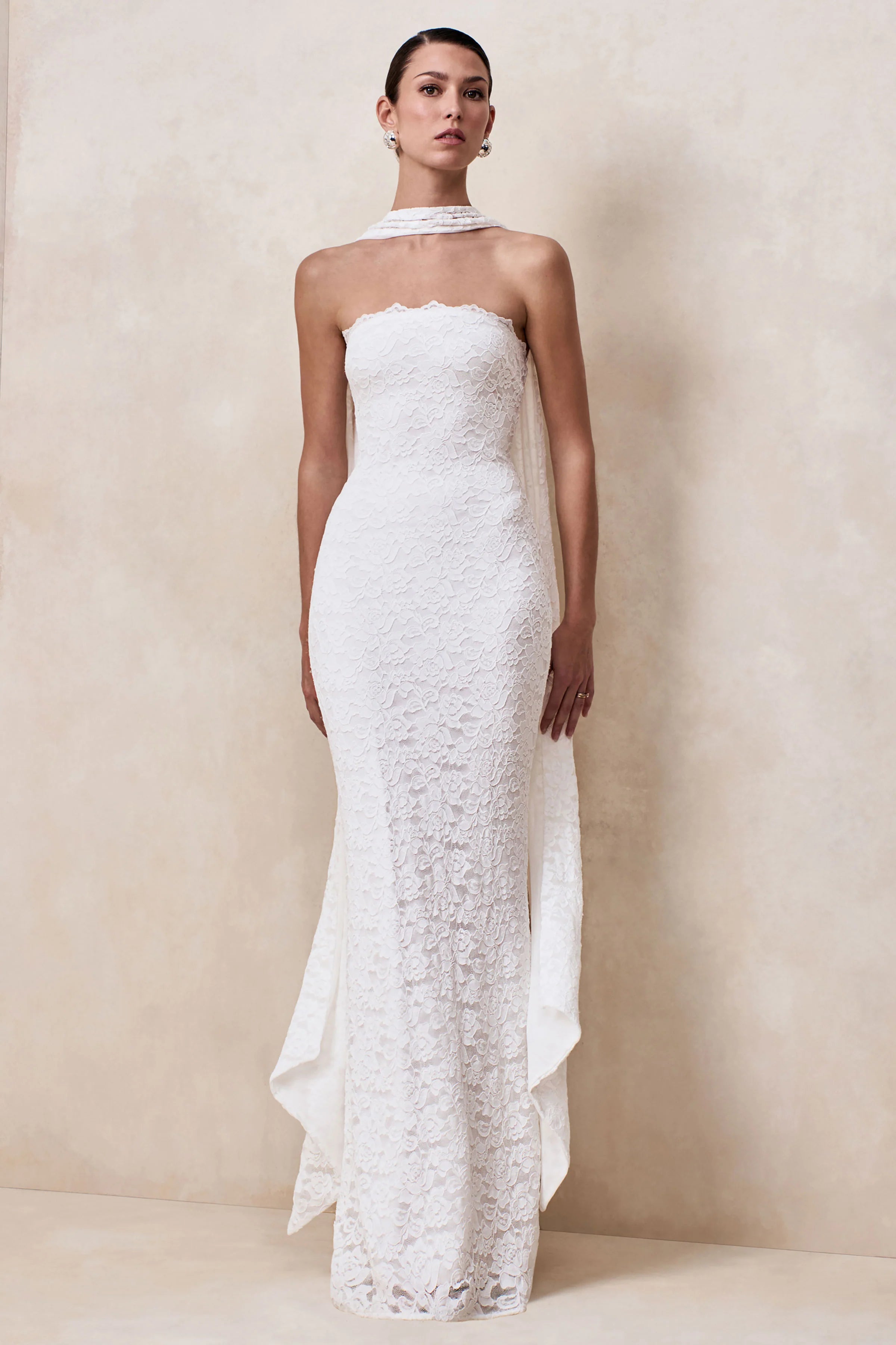 Massima White Lace Bandeau Maxi Dress With Scarf Detail