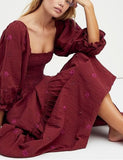 Women Floral Embroidered Maxi Dress Long Puff Sleeve Square Neck Bohemian Flowy Dress with Pockets Summer Fall