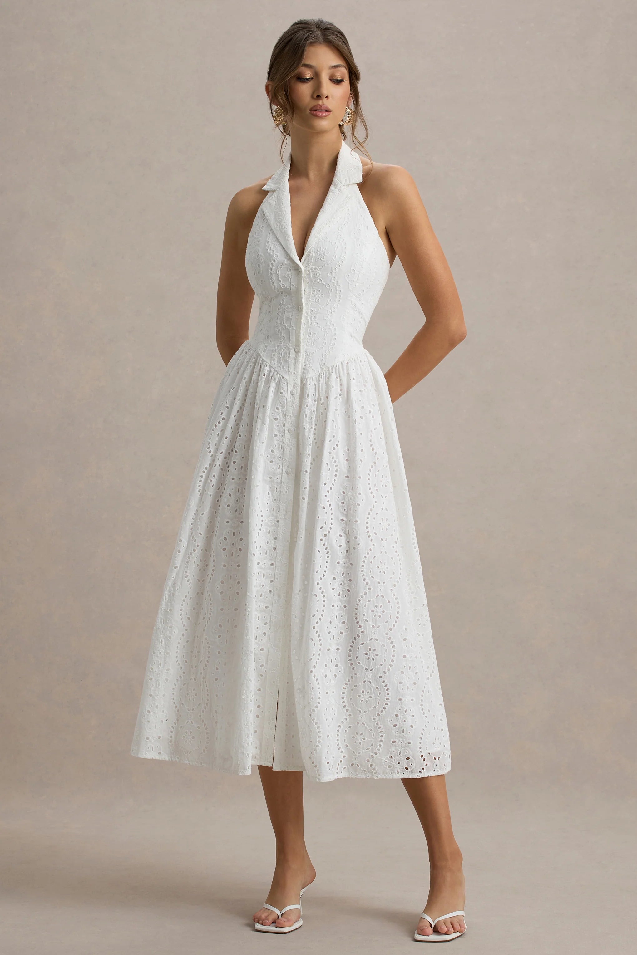 Jezebel White Lace Plunge Neck Collared Midi Dress