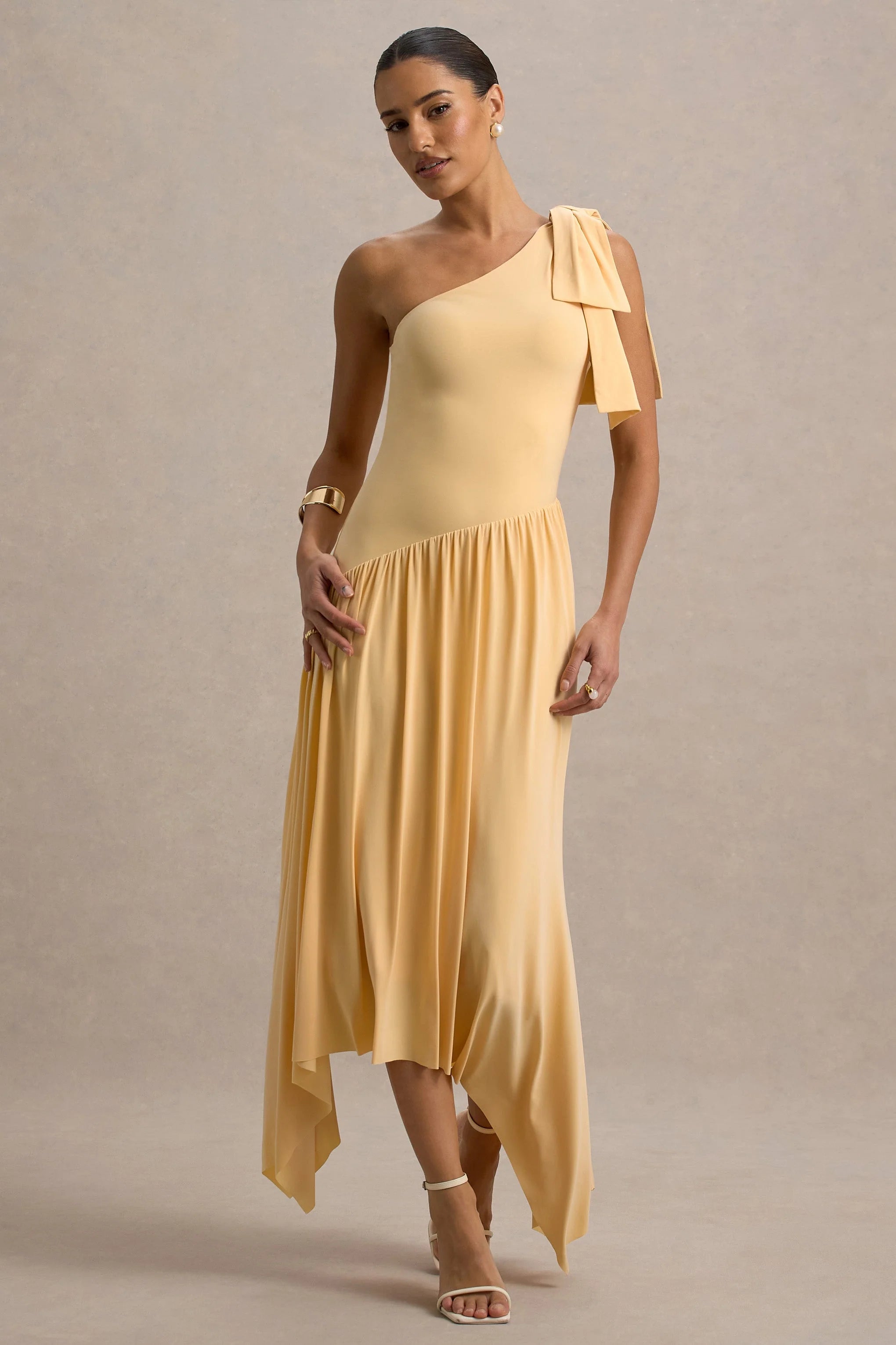 Lotus Love Orange One Shoulder Hanky Hem Maxi Dress With Bow