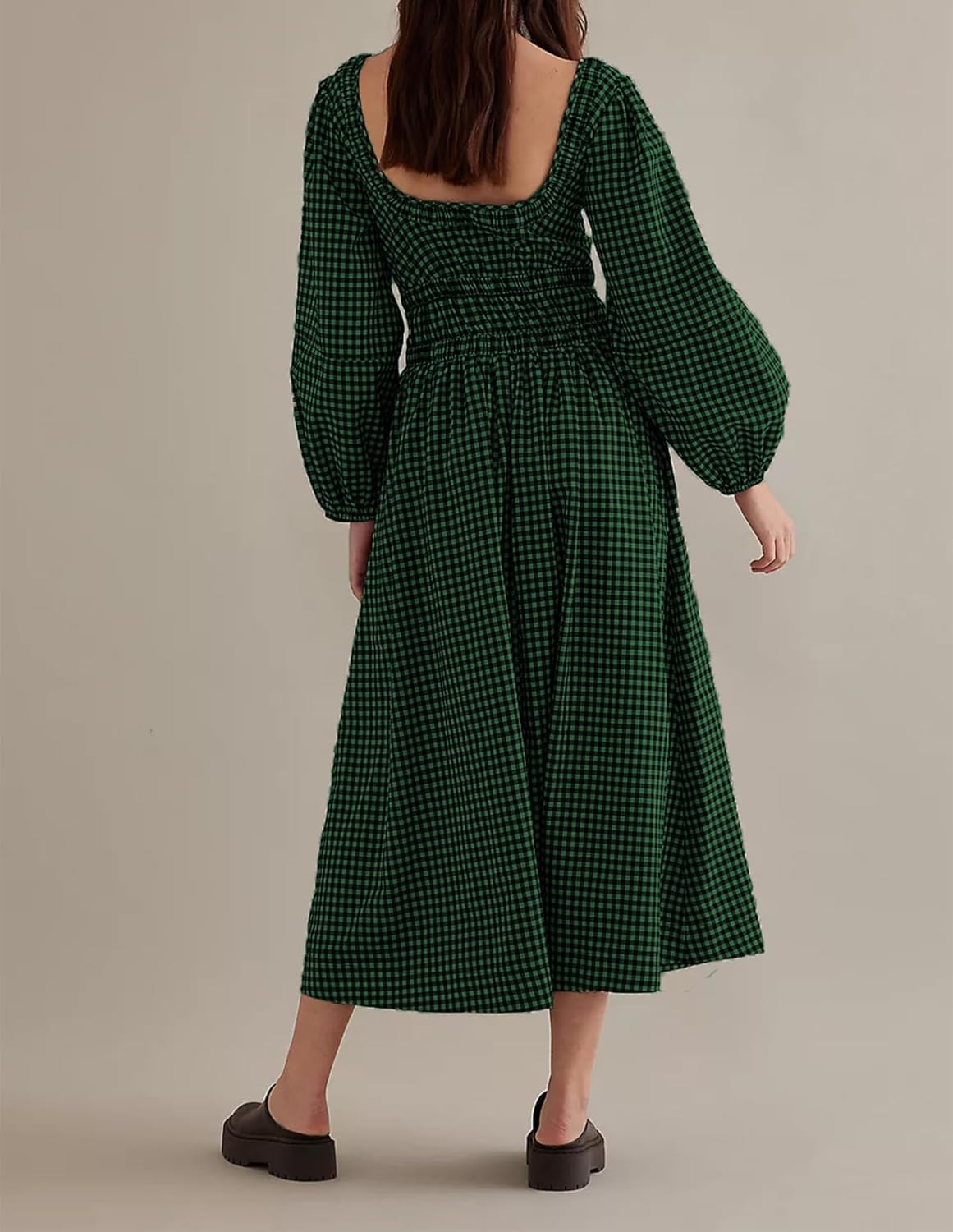 Women Plaid Maxi Dress Long Puff Sleeve Square Neck Flowy Boho Dress Bow Tie Smocked Fall Dresses