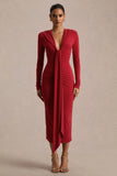 Ivara Red Plunge Neck Maxi Dress With Ruched Detailing And Sash