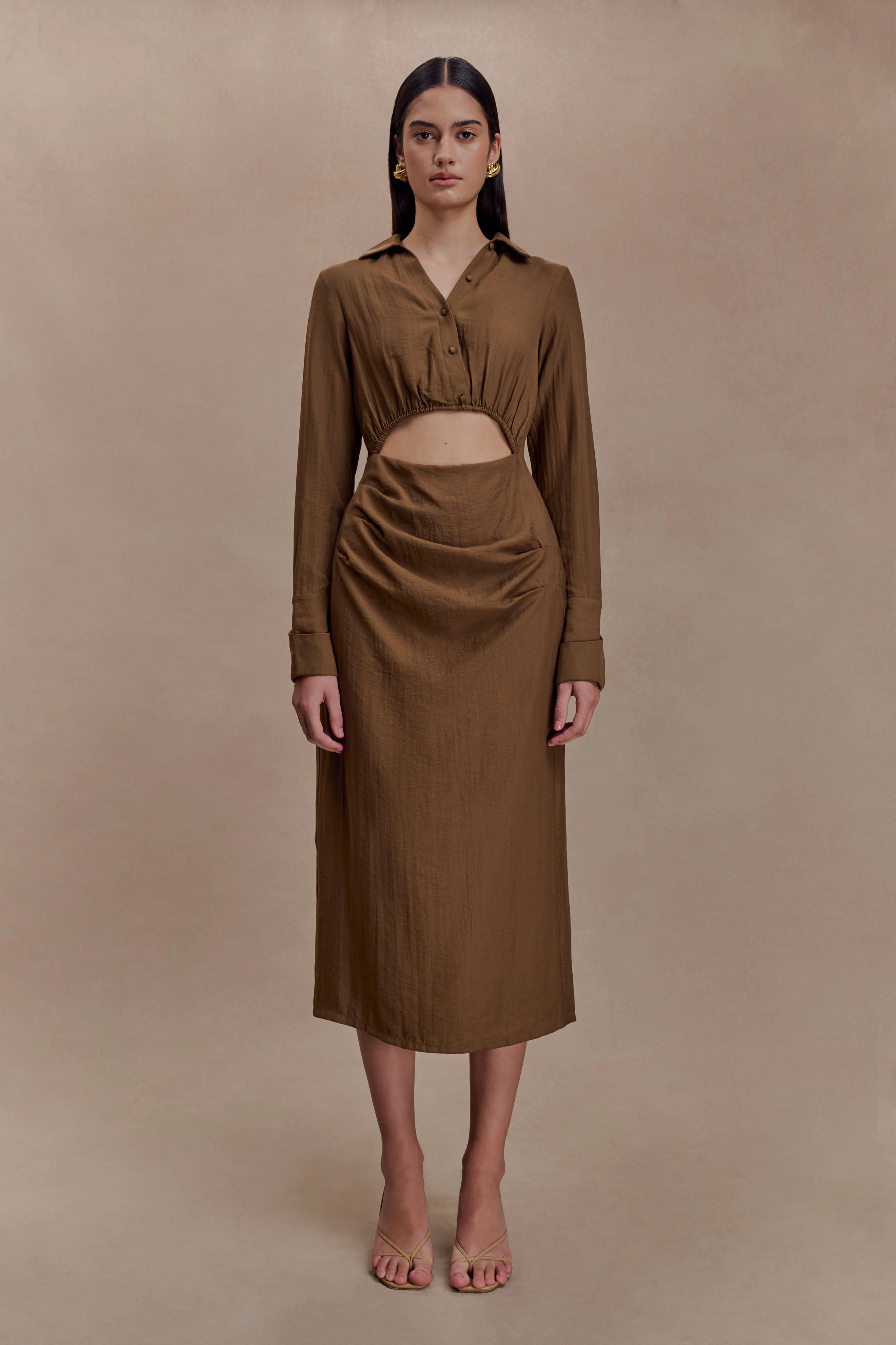 Cecilie Cut Out Shirt Midi Dress Dark Chocolate