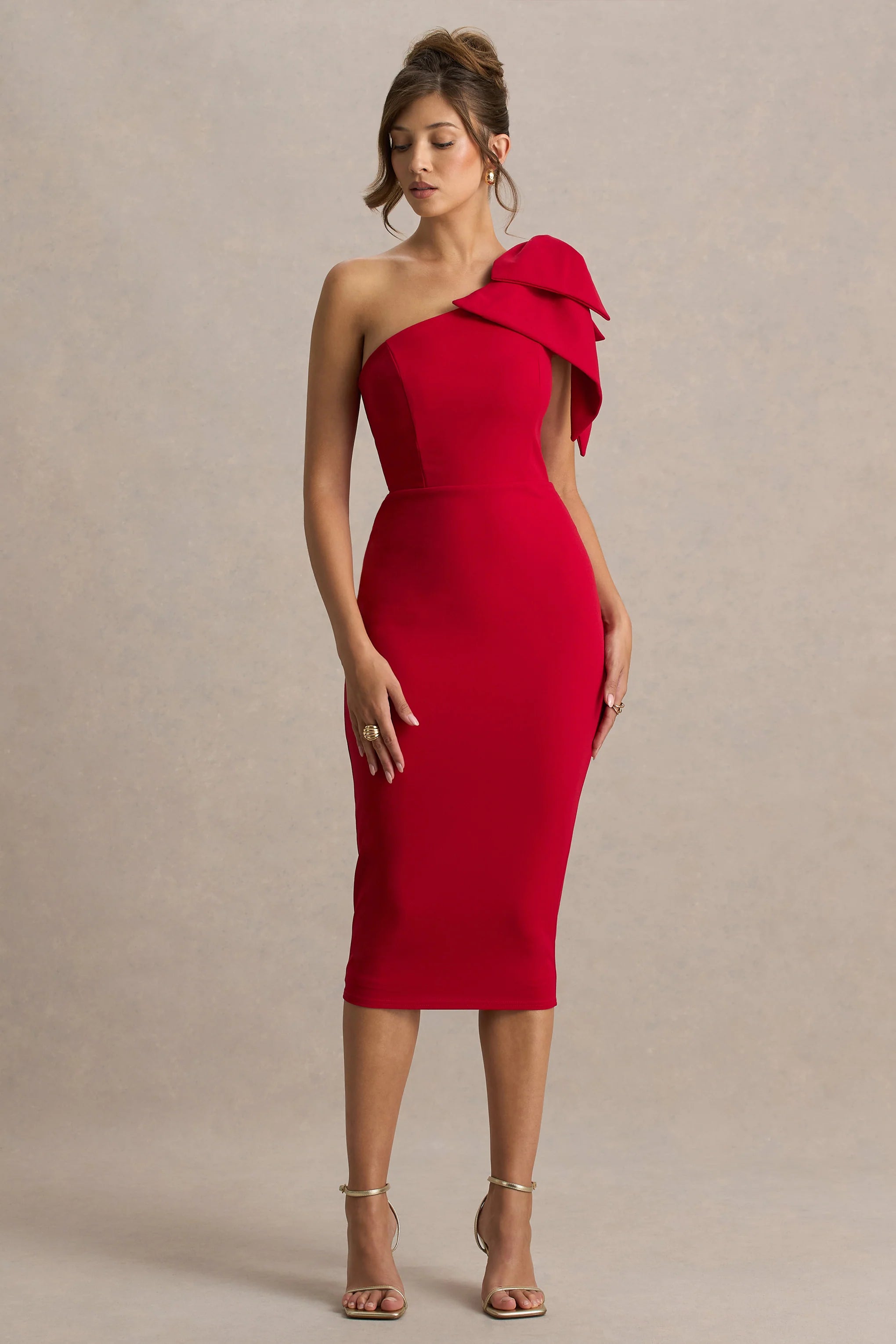 Ambretta Red One Shoulder Midi Dress With Bow