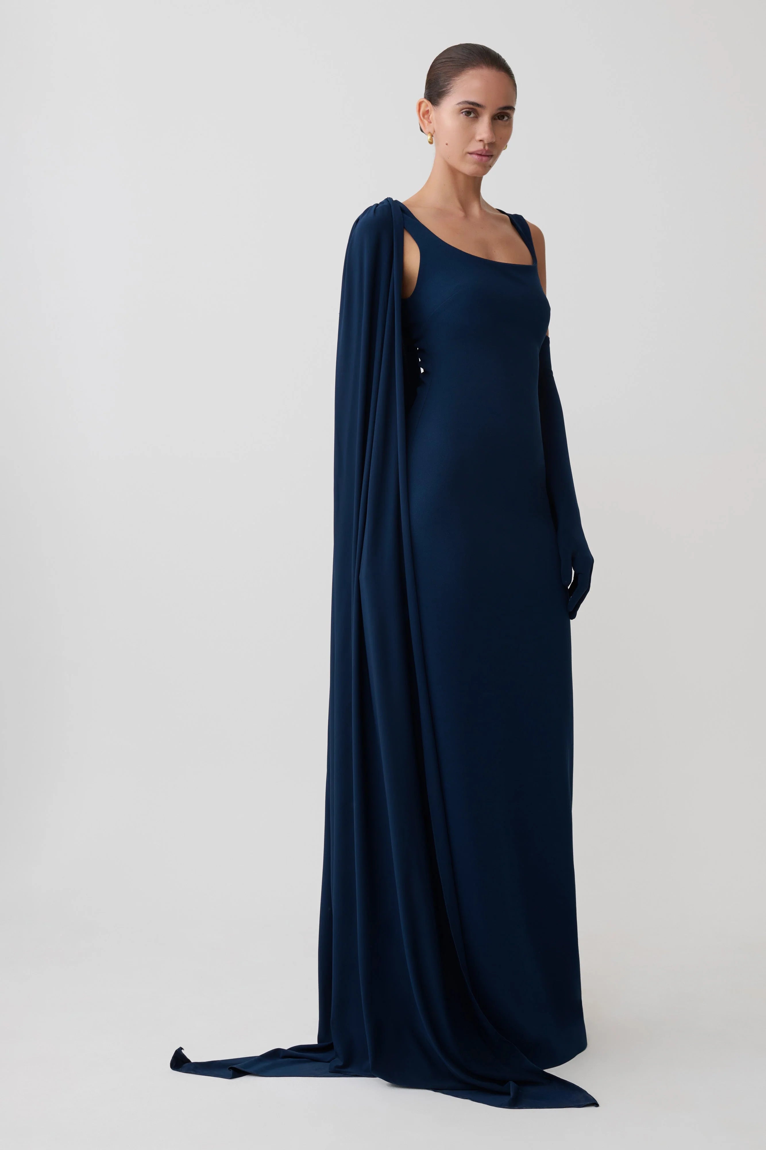 Rhea Detachable Cape Jersey Maxi Dress Navy