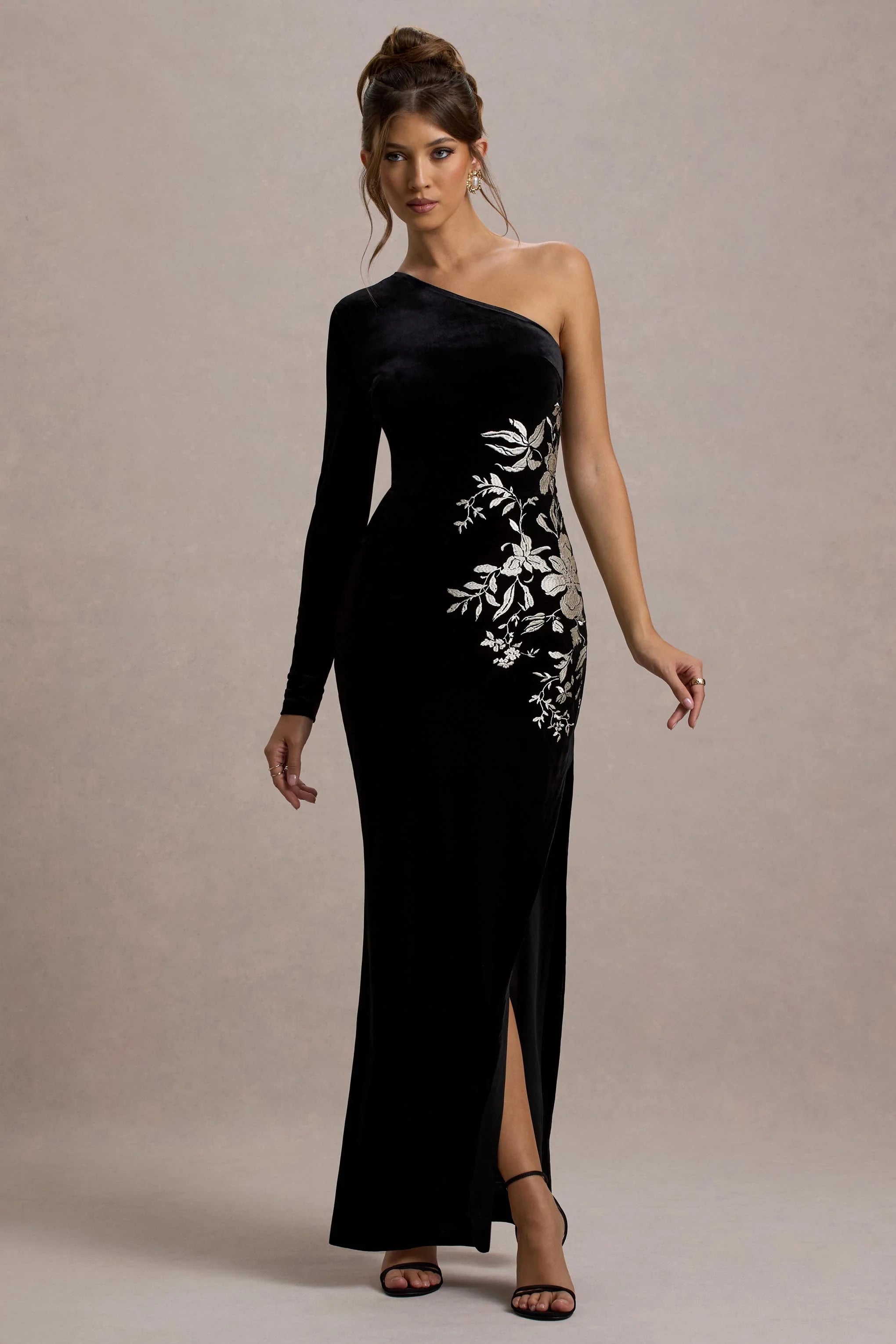 Chance Black Embroidered Velvet One Sleeve Maxi Dress