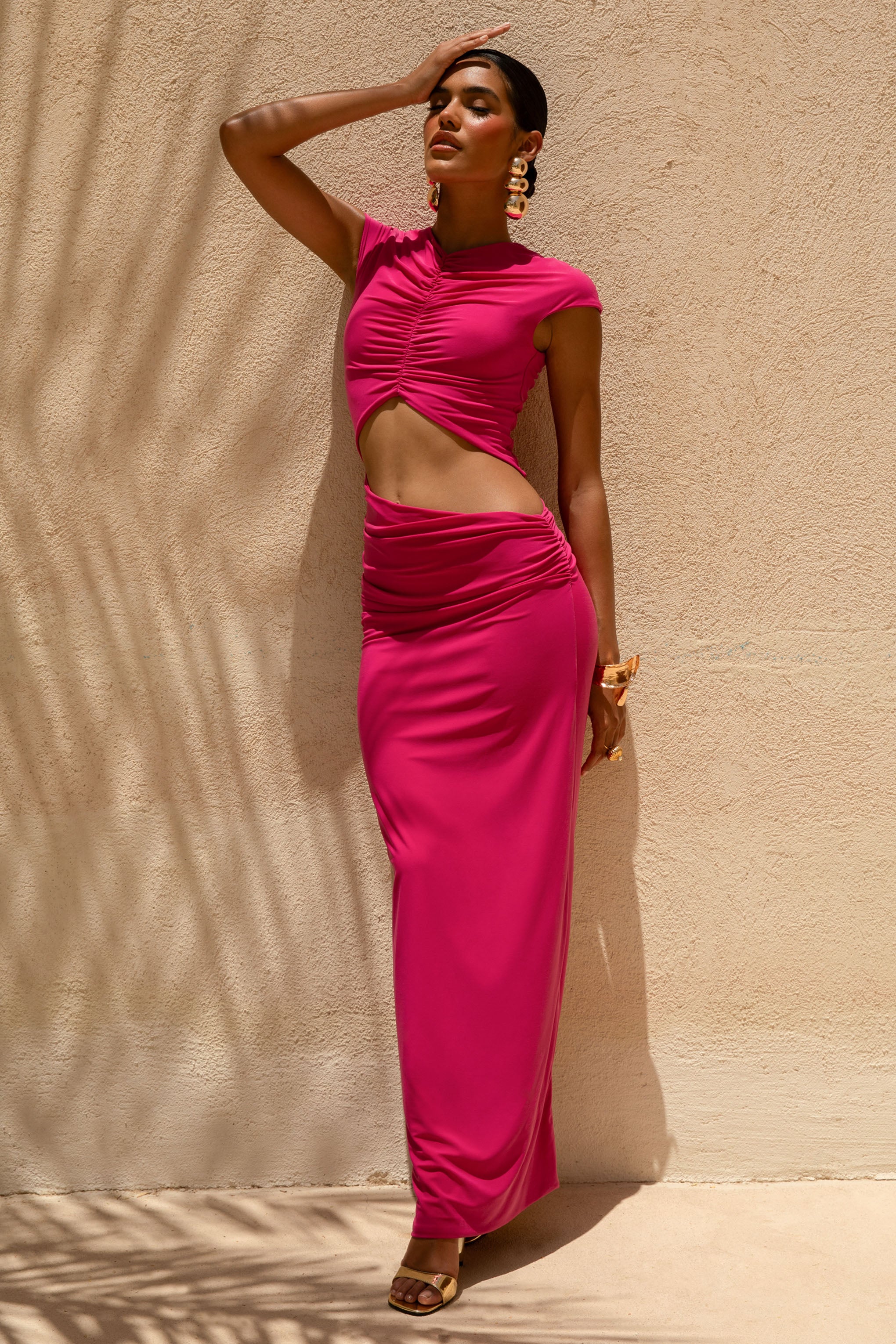 Pia Hot Pink Short Sleeve Maxi Dress With Cut Out