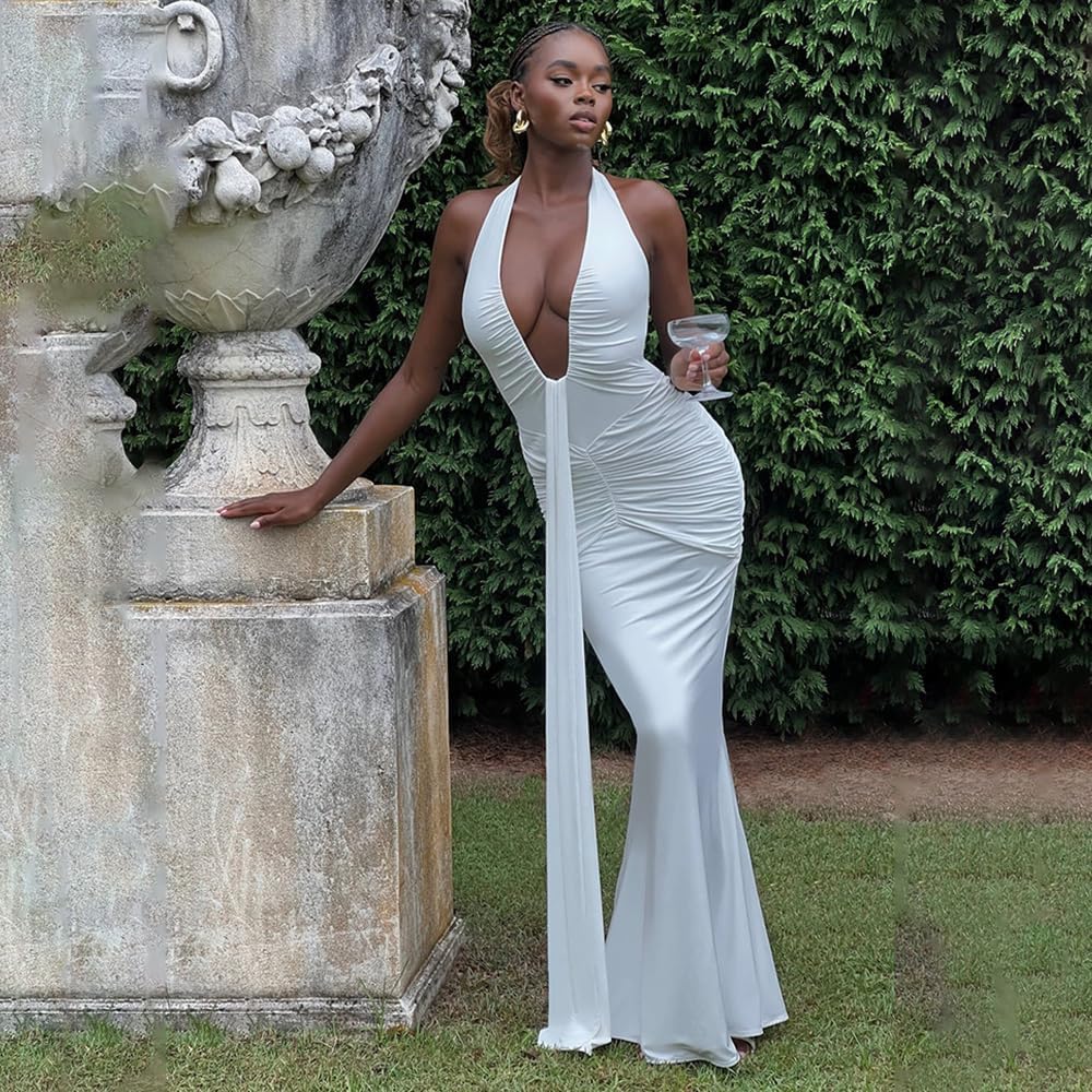 Women Deep V Neck Ruched Maxi Dress Sleeveless Halter Gown Cocktail Evening Formal Dresses