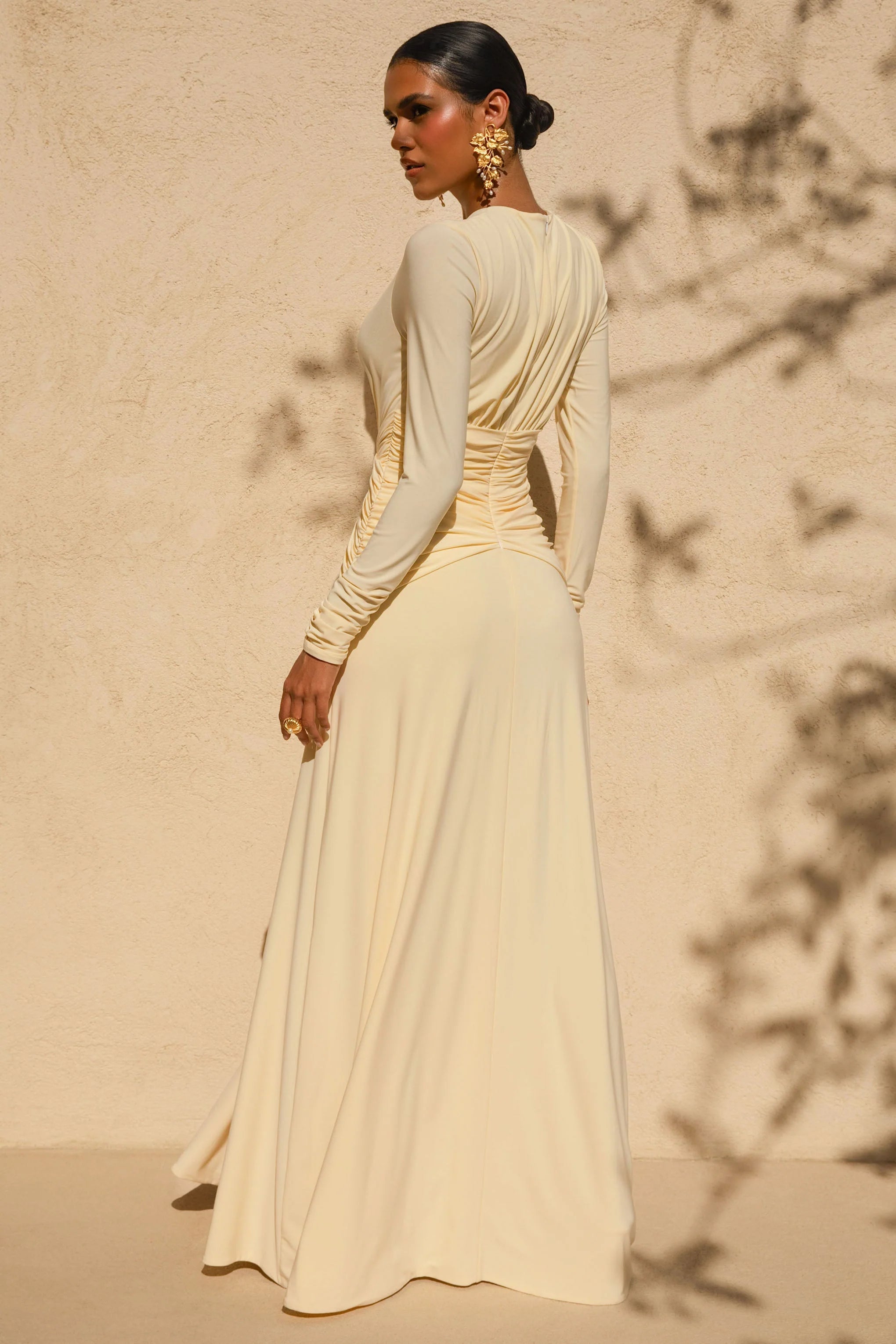 With Me Lemon High Neck Maxi Dress With Ruched Detailing