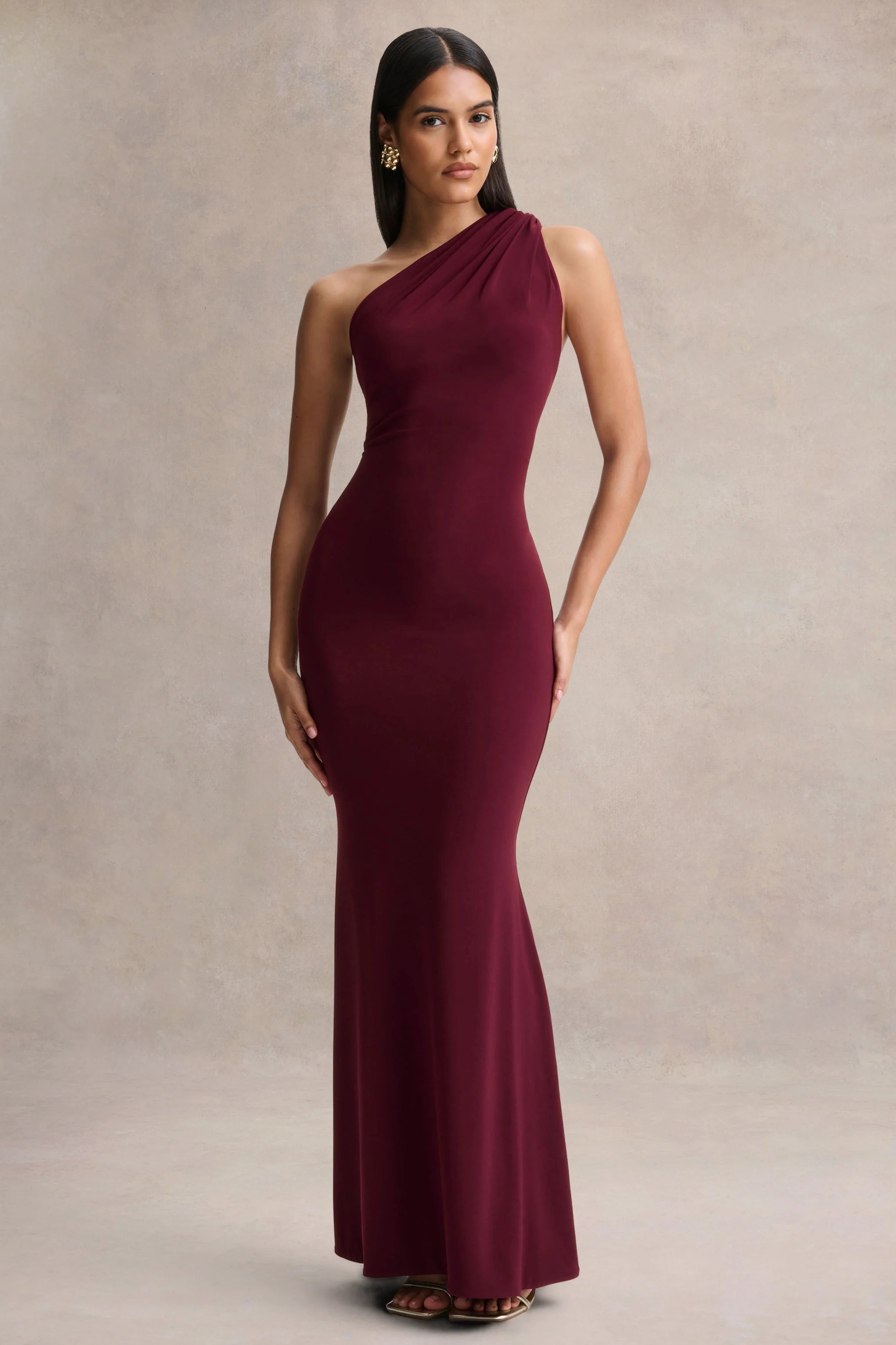 Ottilie Burgundy Asymmetric Neck Maxi Dress