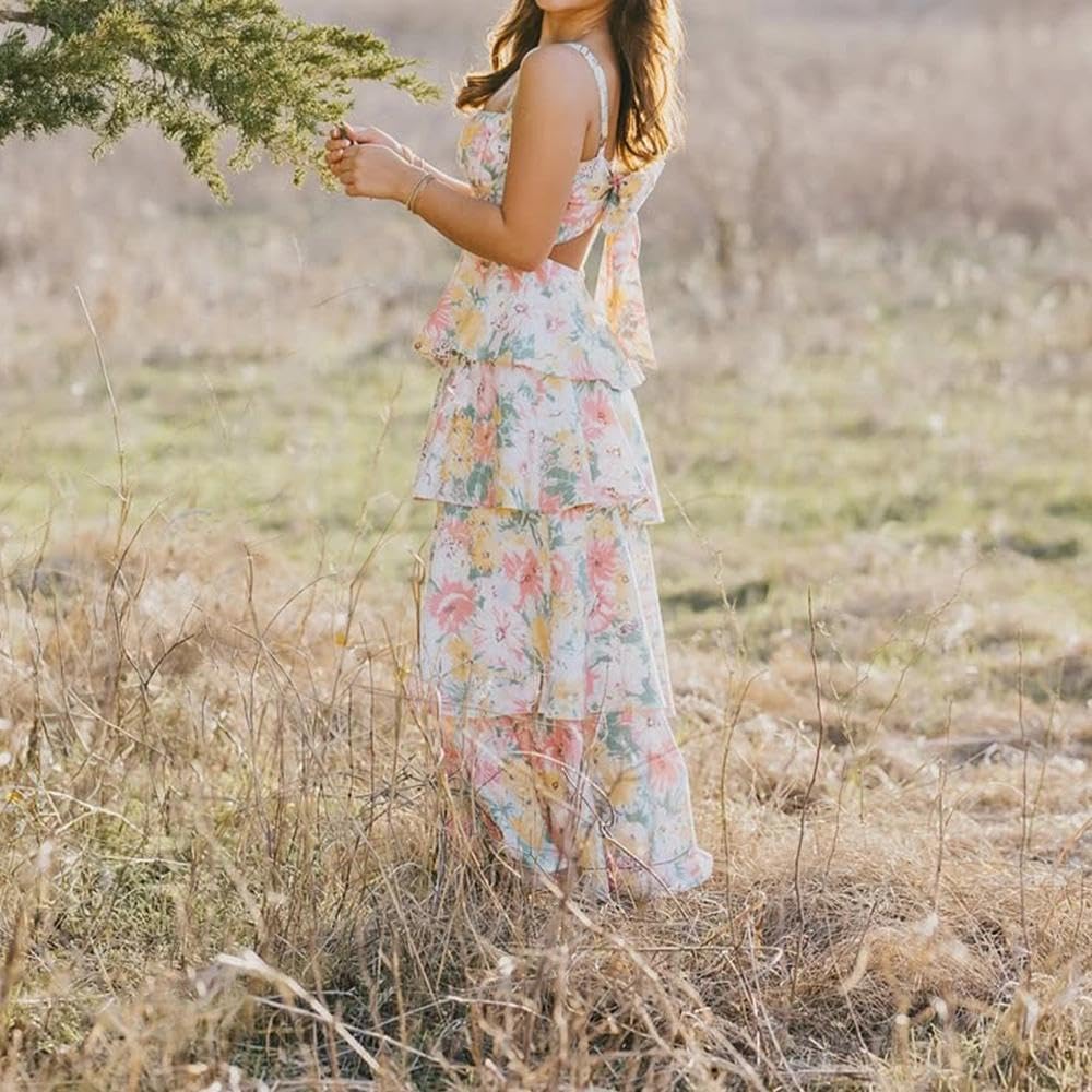 Women Floral Maxi Dress Sleeveless Bow Back Tiered Boho Flowy Long Dresses Summer Fall