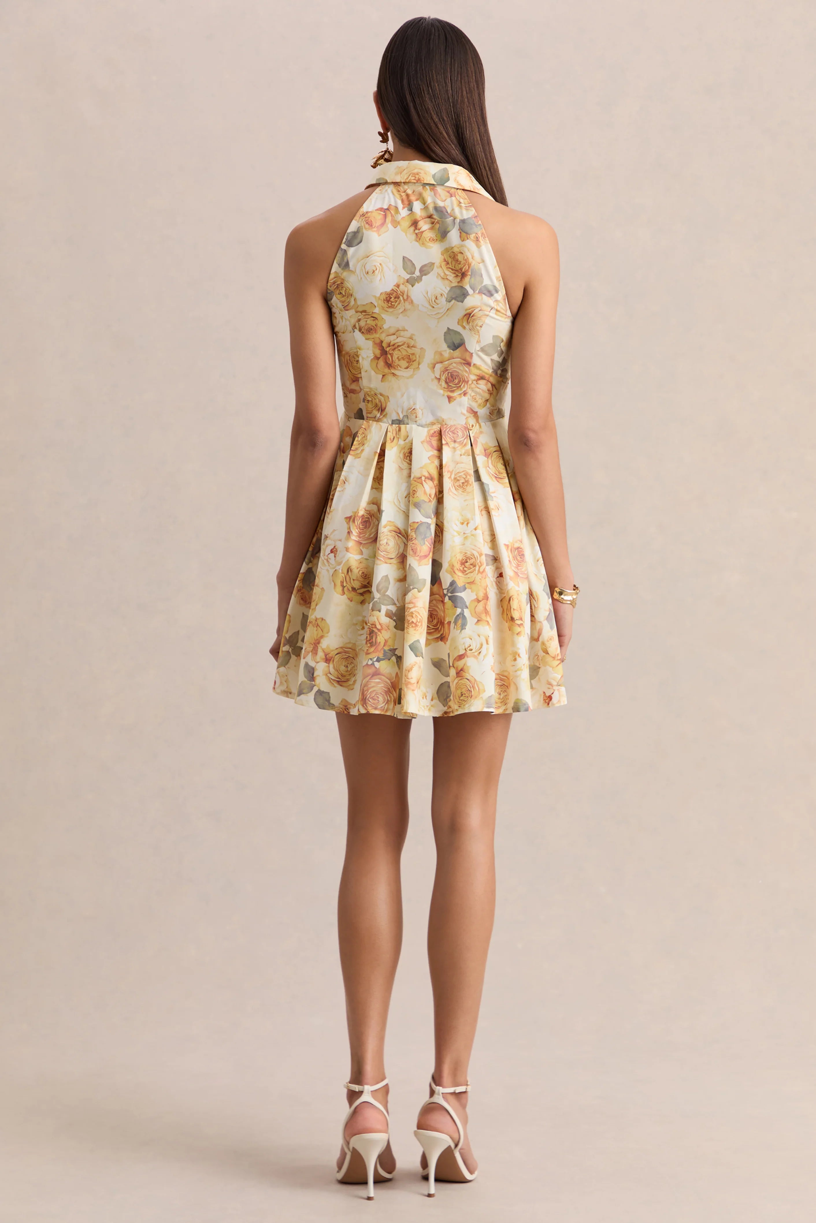 Paulie Lemon Rose Print Poplin Skater Mini Dress