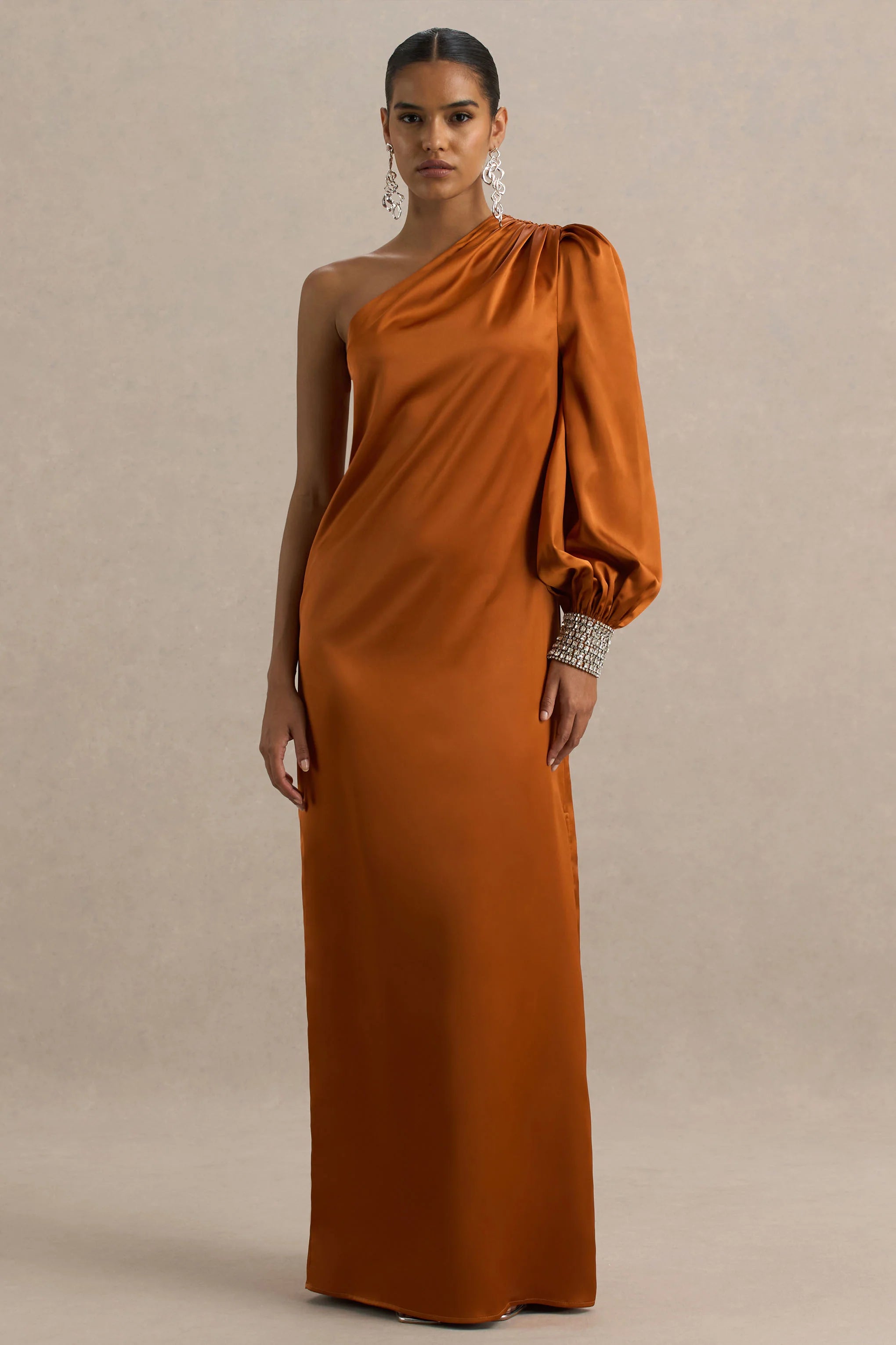 Thelma Orange Satin Asymmetric Maxi Dress With One Sleeve