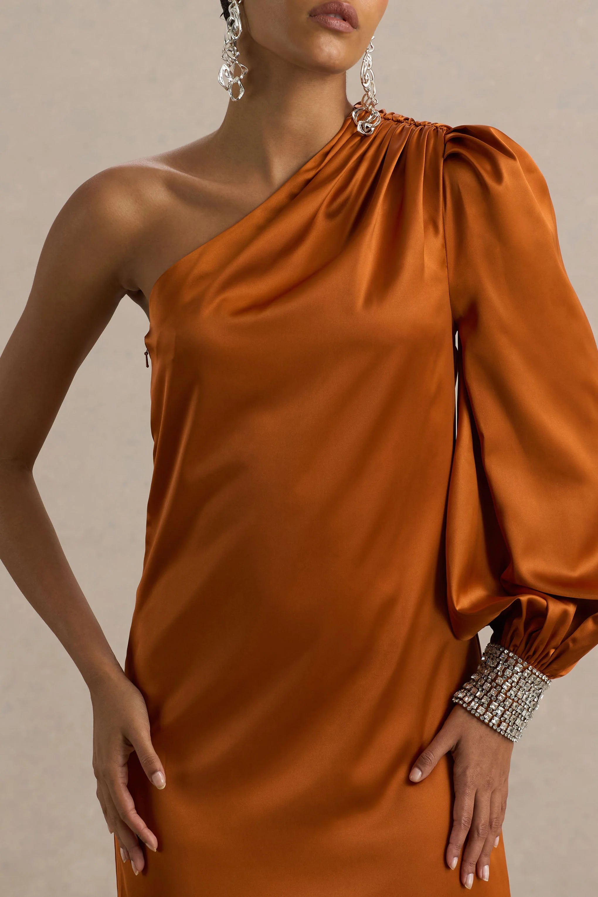 Thelma Orange Satin Asymmetric Maxi Dress With One Sleeve