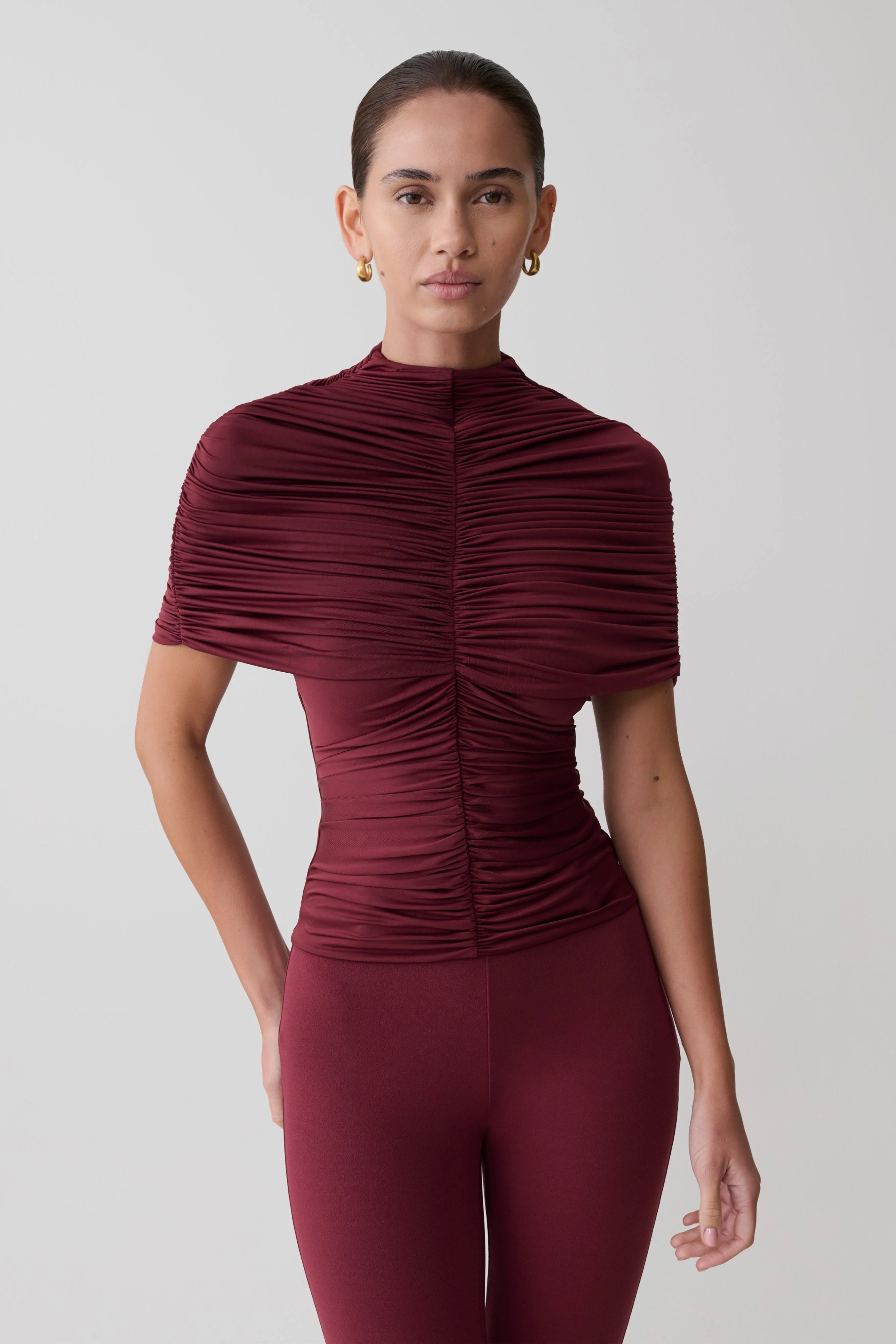 Linh Slinky High Neck Gathered Top Mahogany