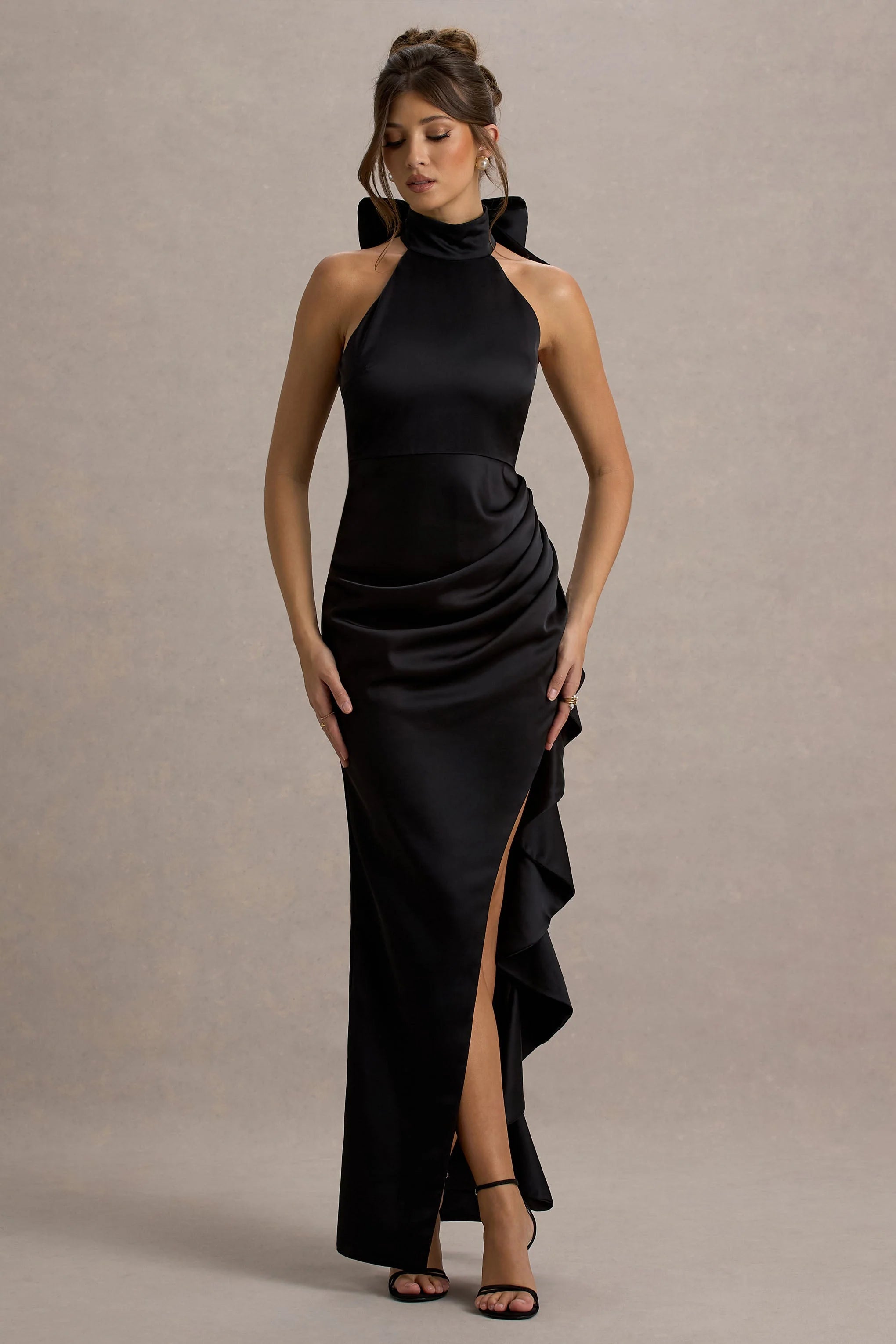Maureen Black Satin High Neck Draped Maxi Dress