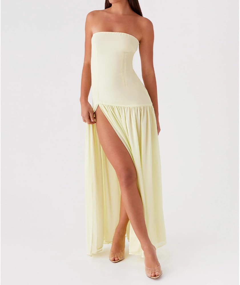 Women Tube Top Dress Tiger Stripe Mesh Patchwork Maxi Dress Strapless Sexy High Slit Long Dresses Beach Vacation