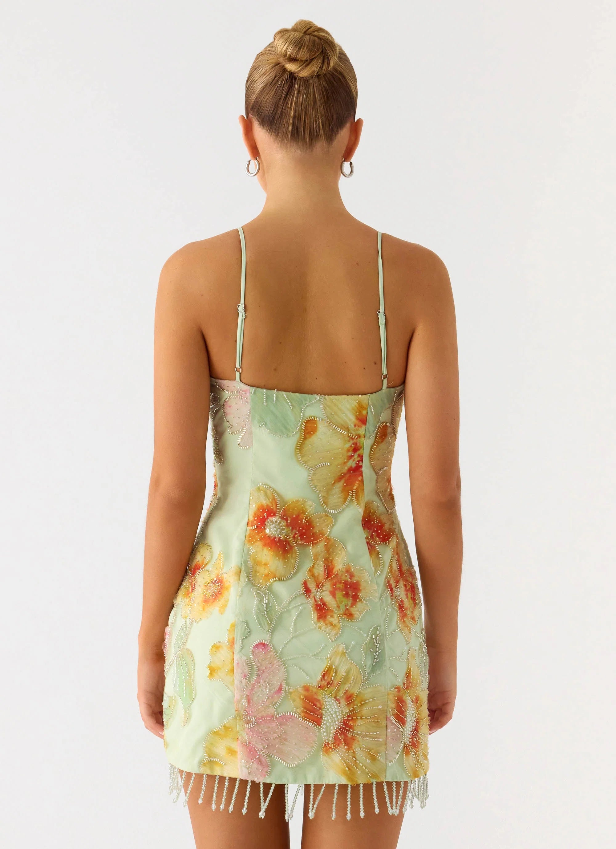 Gatiana Beaded Sequin Mini Dress Green Floral Beaded