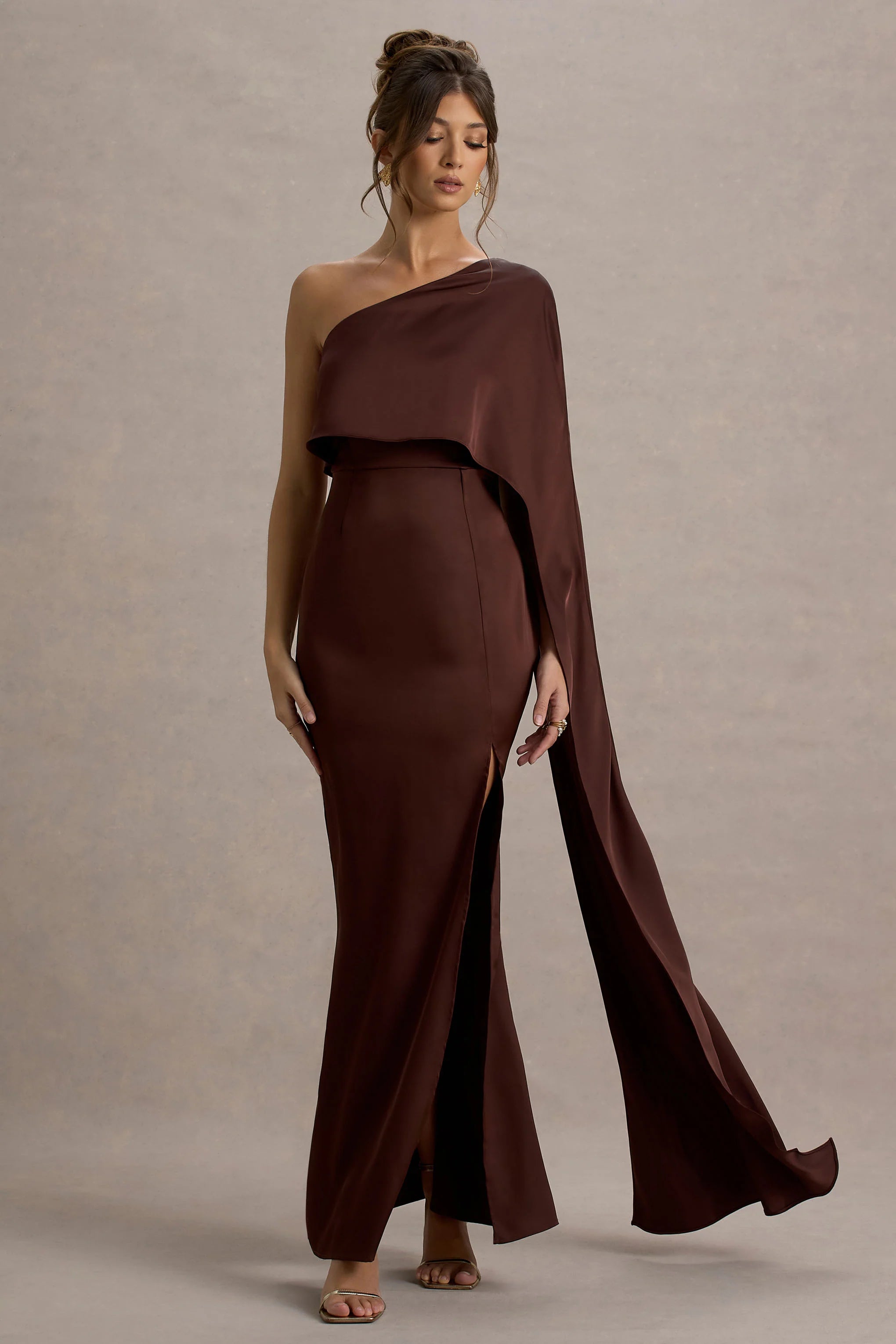 Amora Brown Satin Asymmetric Cape Sleeve Split Maxi Dress