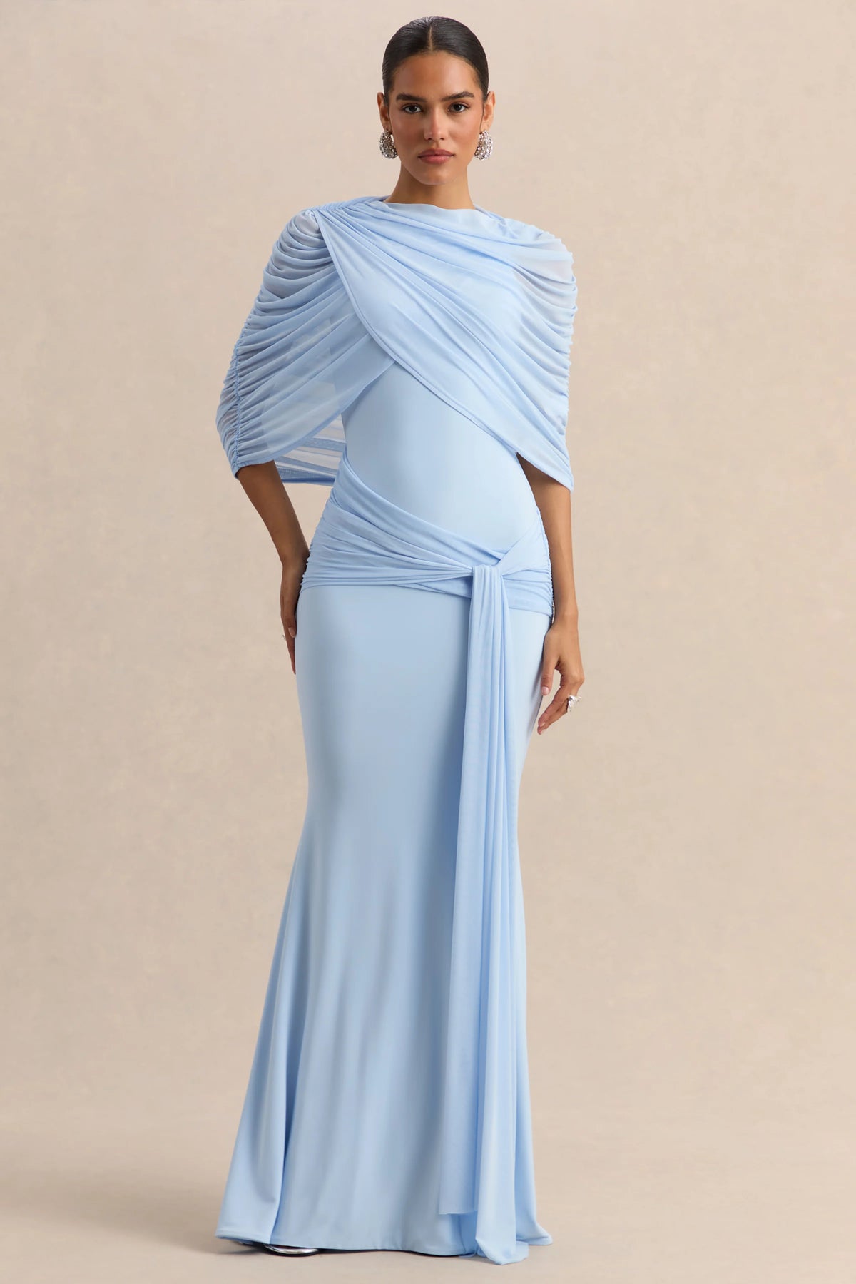 Mirene Powder Blue Round Neck Maxi Dress With Gathered Detailing And Sash