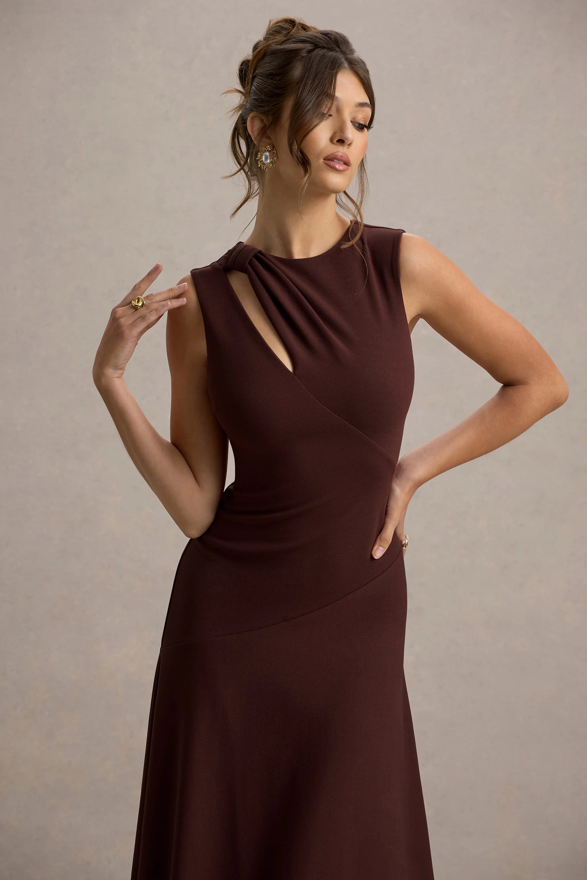 Francesca Brown Knotted Midi Dress With Handkerchief Hem