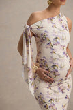 Katarine Peach Floral Print Asymmetric Knot Maternity Midi Dress