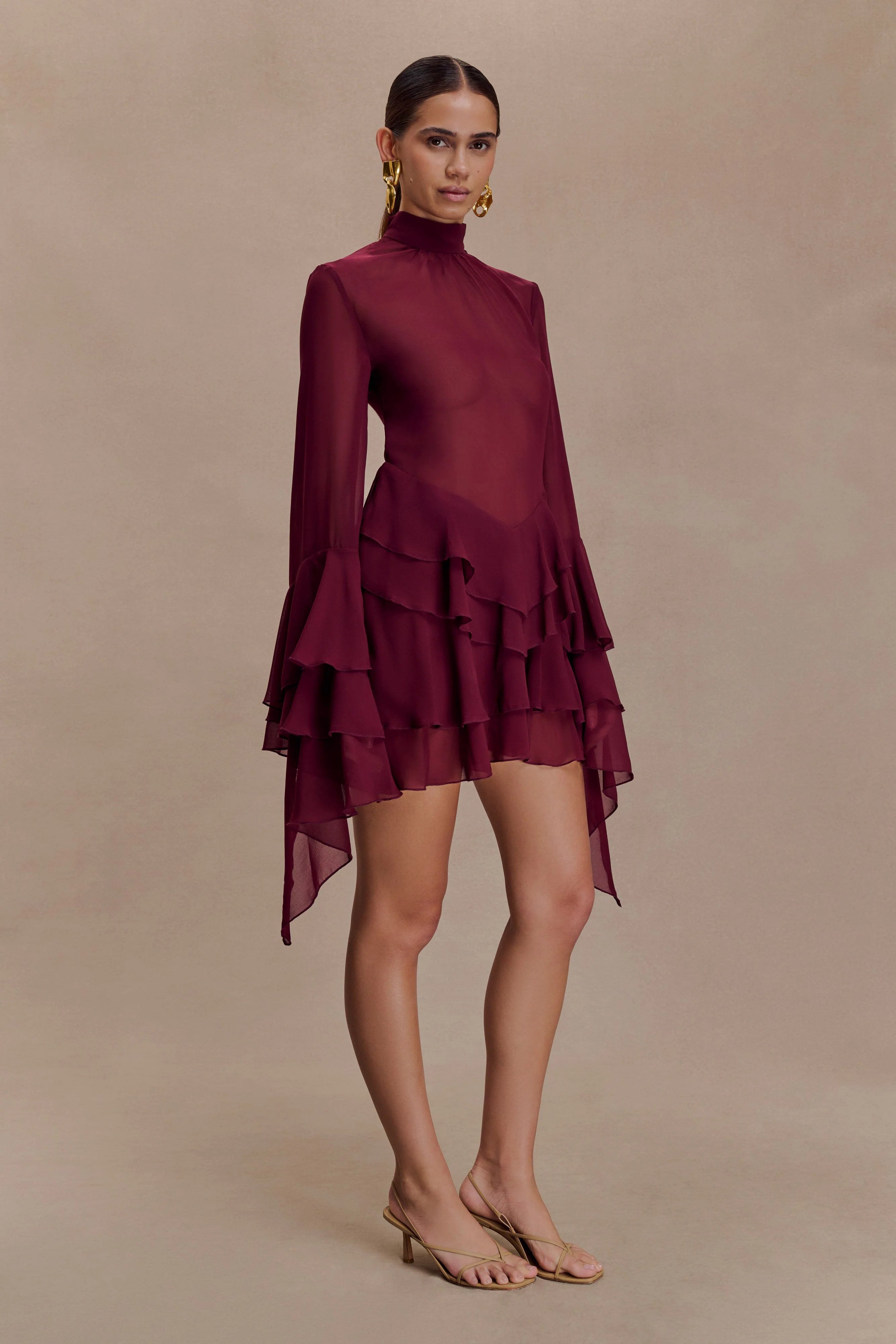 Nimah Chiffon Ruffle Mini Dress Wine