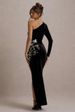 Chance Black Embroidered Velvet One Sleeve Maxi Dress