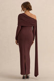 Cyra Brown Asymmetric Neck Maternity Maxi Dress With Sash
